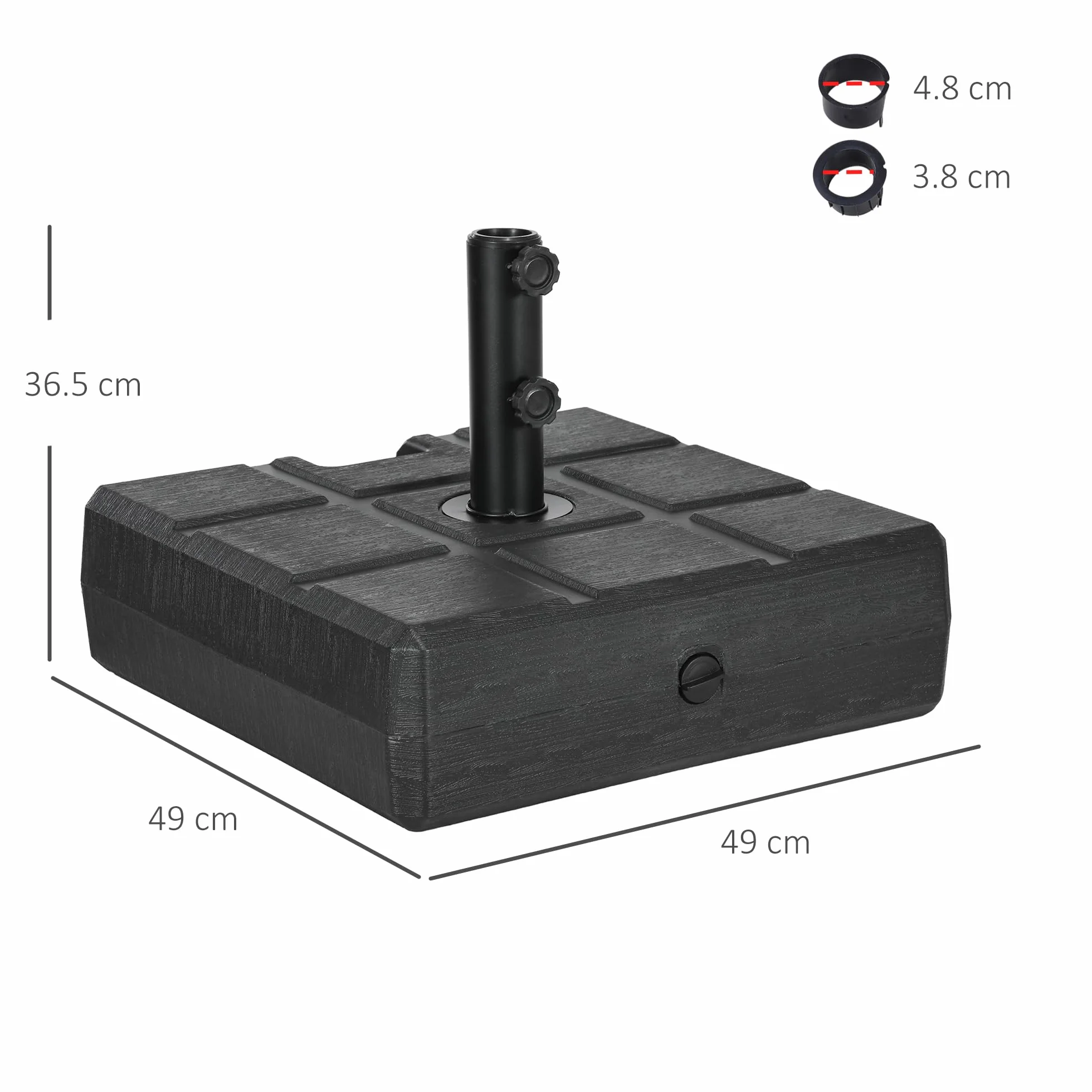 Outsunny Base per Ombrellone da Giardino Riempibile con Maniglia Incorporata e Beccuccio Laterale, Basamento per Ombrellone in HDPE, per Pali di Ombrelloni da Ø38/48 mm, 49x49x36.5 cm, Nero