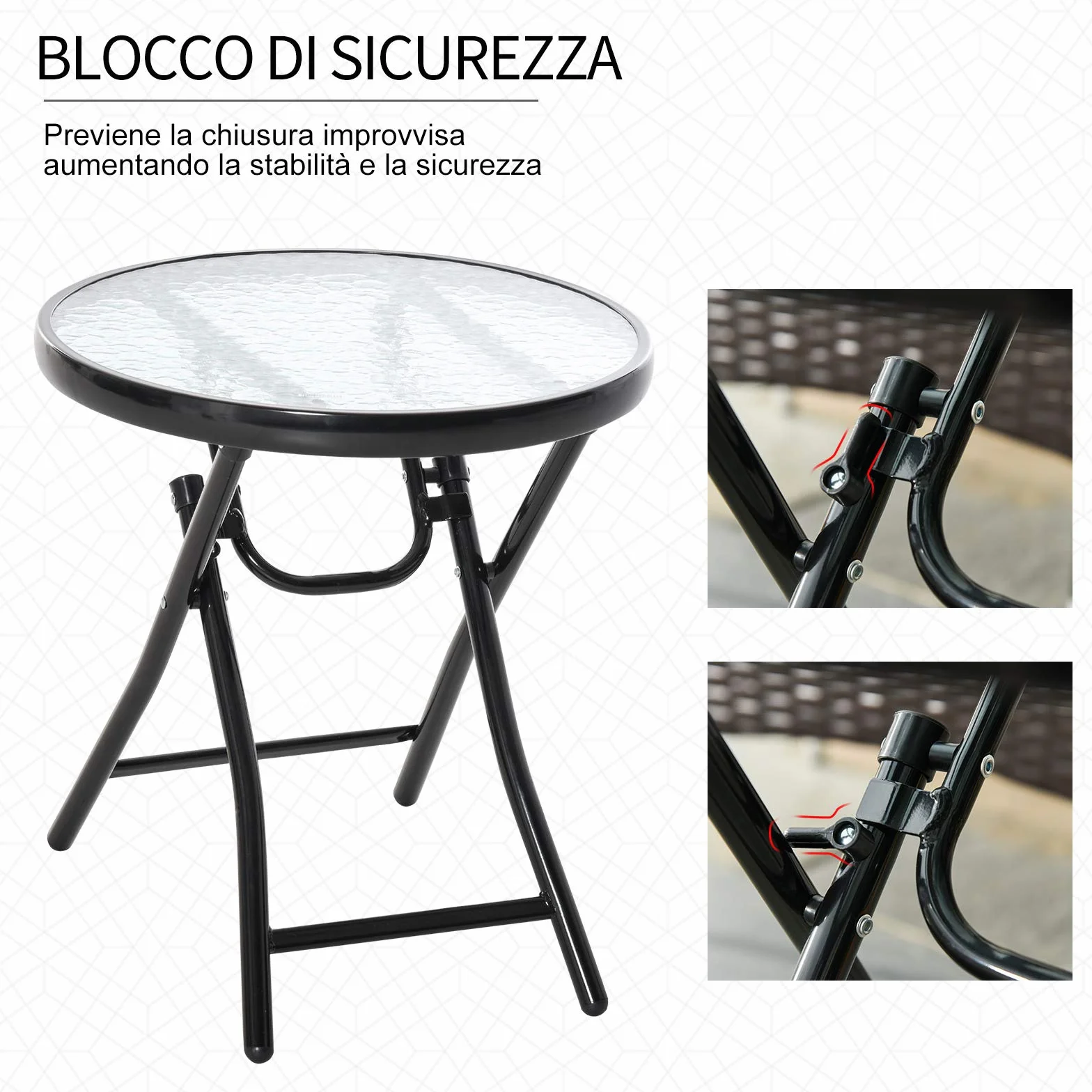 Outsunny Tavolo da Giardino Pieghevole in Metallo con Ripiano in Vetro e Blocco di Sicurezza, Φ45x50cm Nero