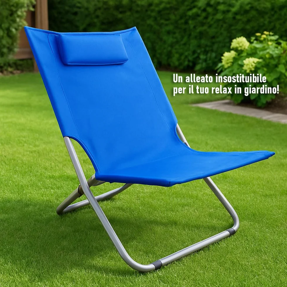 SACAR Spaggina Serena Maxi Pieghevole – Struttura in Ferro Ø22 mm e Perno in Acciaio – Rivestimento in Poliestere con Cuscino Integrato – Ideale per Spiaggia, Campeggio, Giardino, Parco (2 BLU)