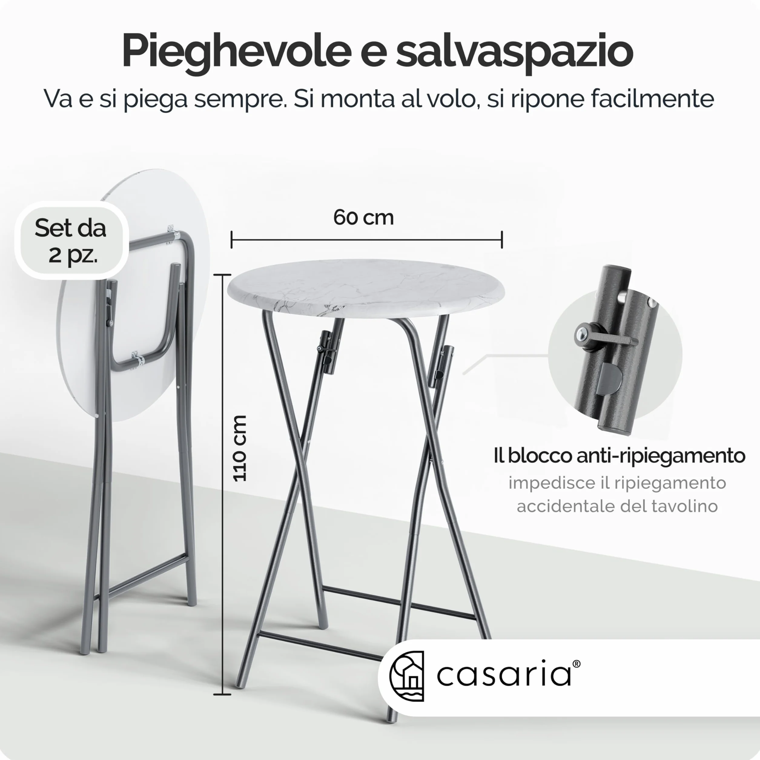 Casaria® Set 2 Tavoli da Bar Pieghevoli 110cm Ø 60cm Tavolino Appoggio Tavolo da Cocktail Alto Rotondo Giardino Bianco