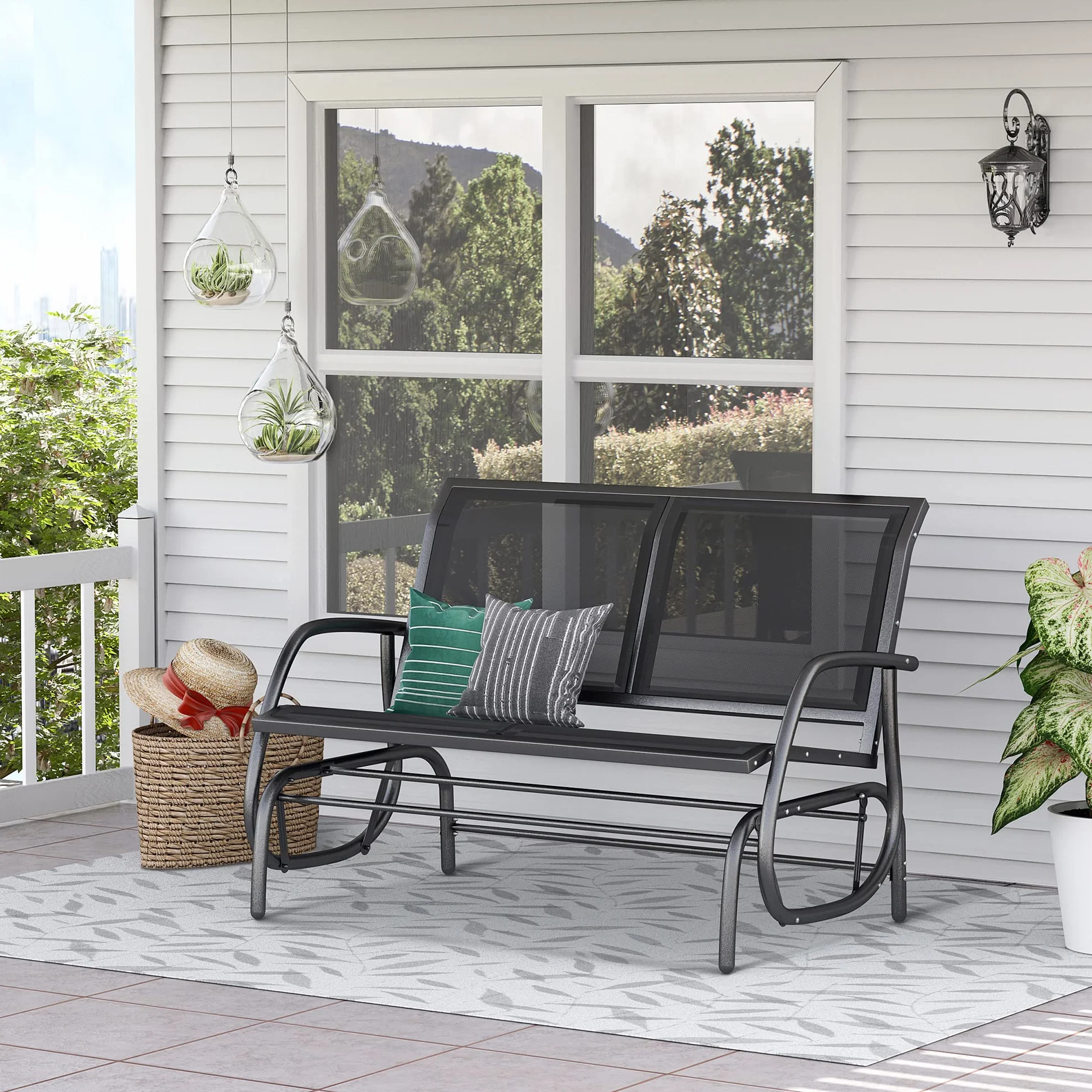 Outsunny Panchina a Dondolo da Giardino a 2 Posti in Metallo e Tessuto a Rete Traspirante, 120x70x85cm, Nero
