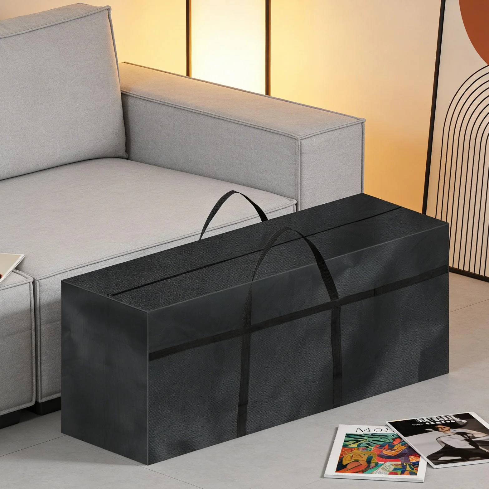 Borsa di Stoccaggio per Esterni, Borsa per Cuscini da Giardino con Cerniera e Maniglie per Biancheria da Letto Materassi Coperte Trapunte e Cuscini, 110x60x35 CM, Nero
