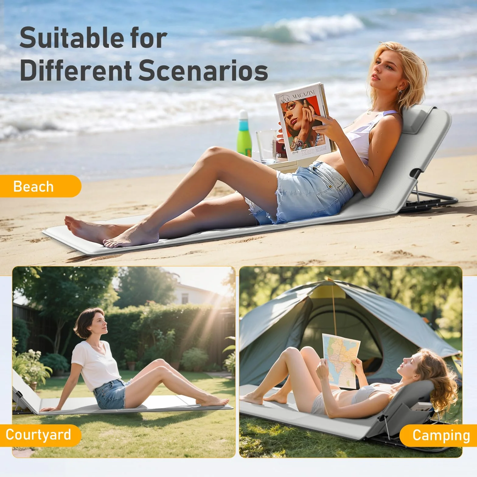 WildFun Sedia a sdraio e trolley da spiaggia portatile, tappetino da spiaggia pieghevole con schienale regolabile e tasca per la spiaggia, la piscina (2pcs, Grigio)