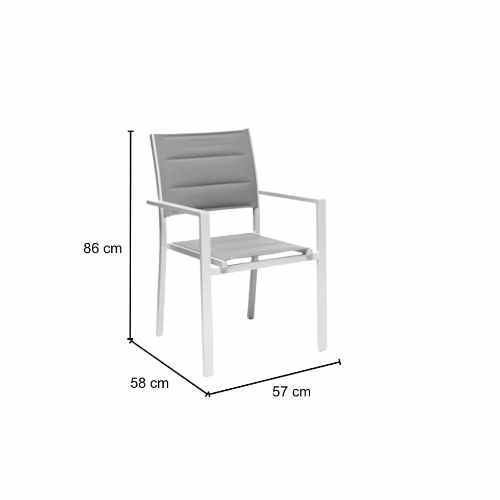 Set 4 Poltrone Da Esterno Alamos Con Braccioli, In Alluminio Verniciato Bianco, Impilabile, L 57 x P 58 x H 86 Cm, Seduta Confortevole In Textilene Per Arredo Giardino