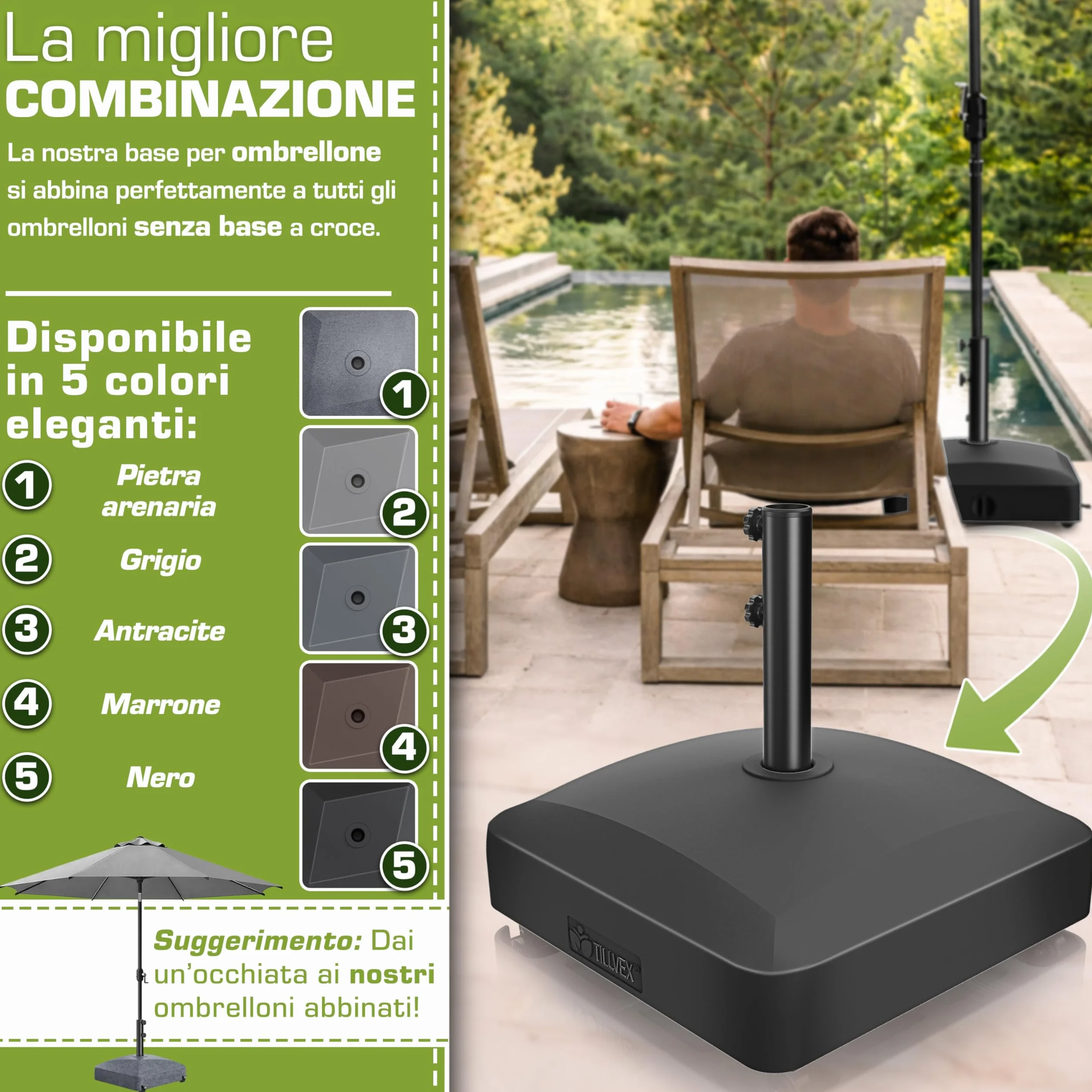tillvex® Base per ombrellone PAVERA e Ruote e Freni | Zavorra ombrellone riempibile 37L/56kg | Piedistallo per ombrelloni Giardino e Mercato Ø1,8-3,7m | Resistente a intemperie e UV (Nero)