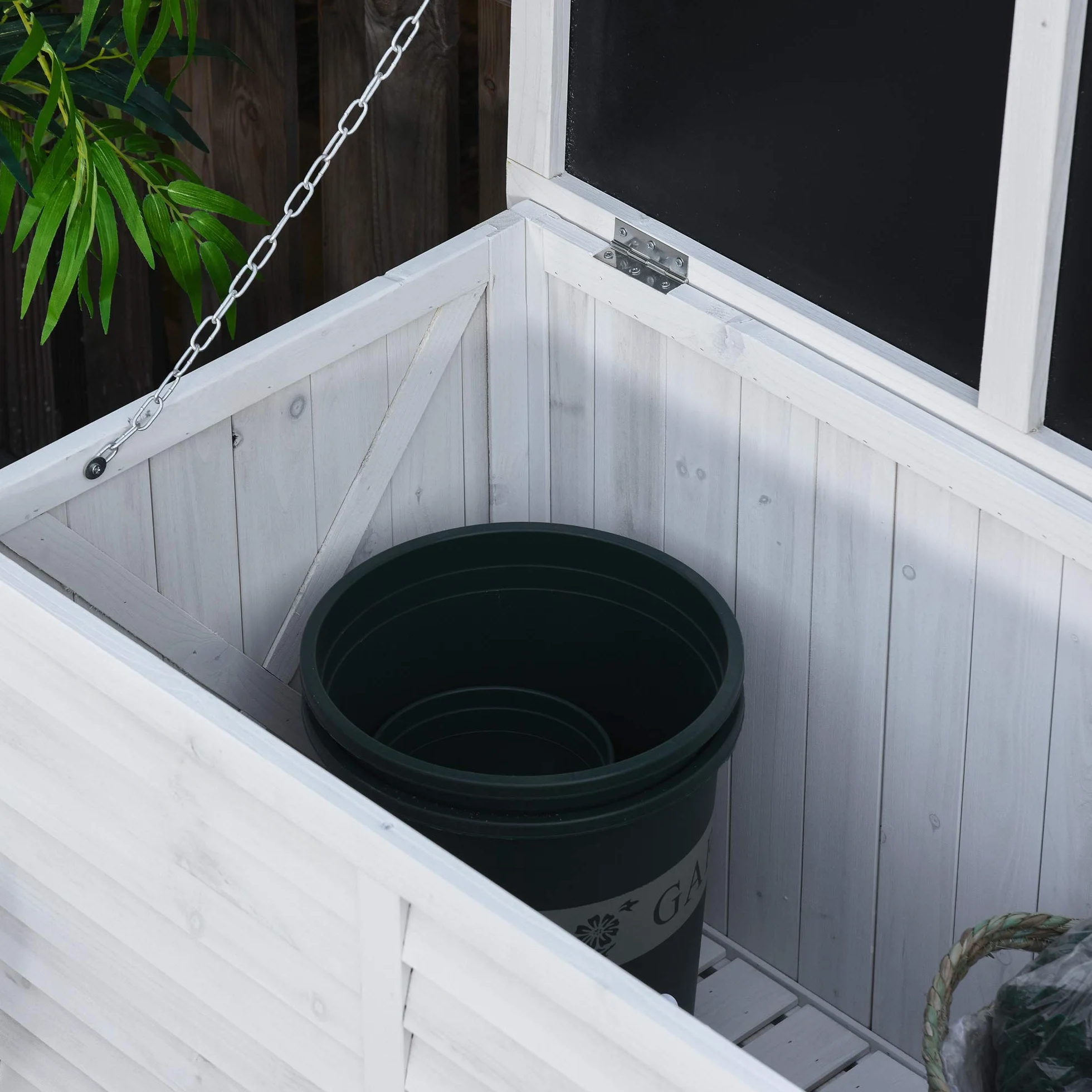 Outsunny Baule da Esterno in Legno di Abete con Base Rialzato e Coperchio, Cassapanca Contenitore da Esterno Impermeabile, 127x56x60 cm, Bianco