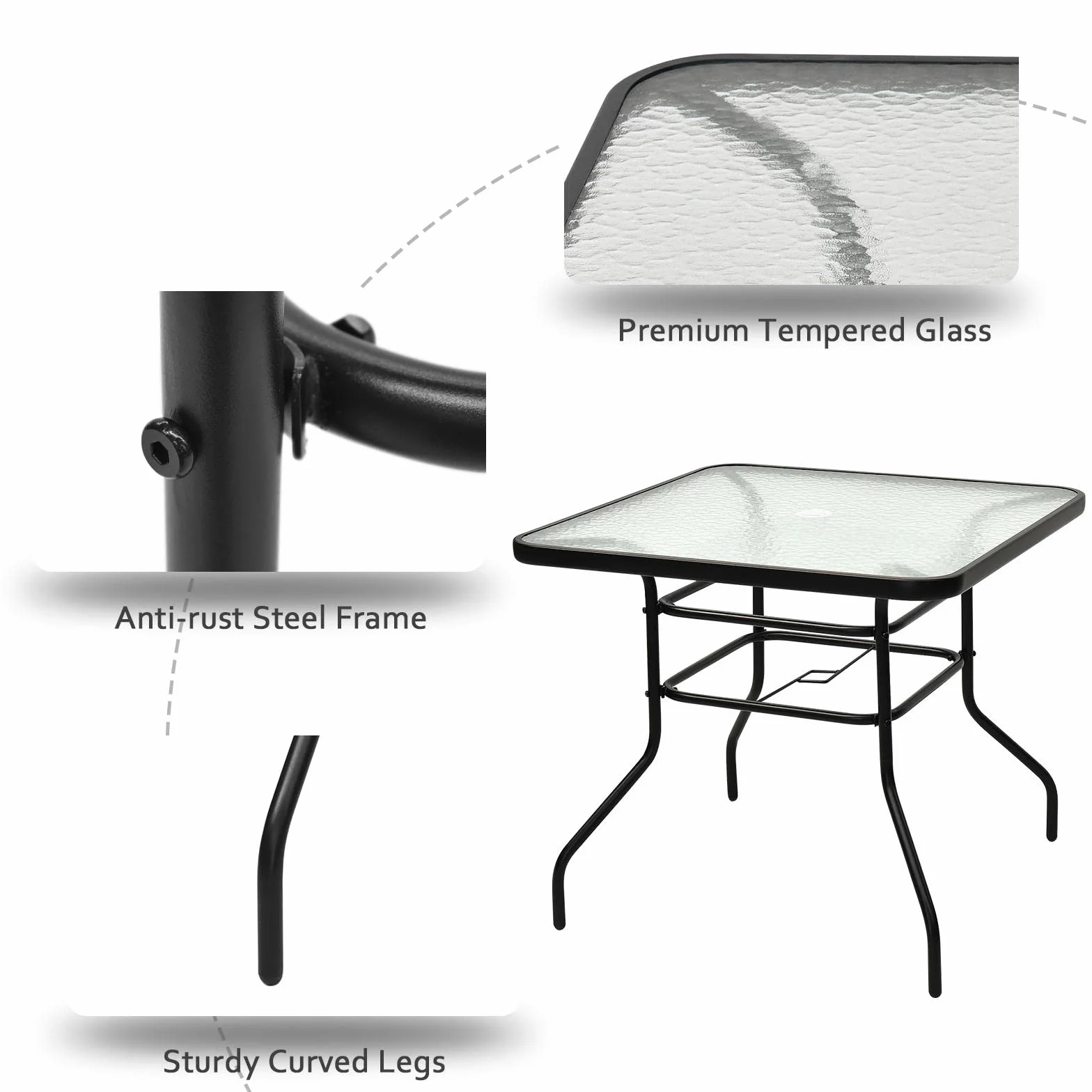 KOMFOTTEU Tavolino Quadrato da Giardino con Foro per Ombrellone, Tavolo da Bistrot con Piano in Vetro e Telaio in Metallo, Tavolo da Caffé Portata fino a 80 kg, per Balcone, Terrazza, Giardino, Nero
