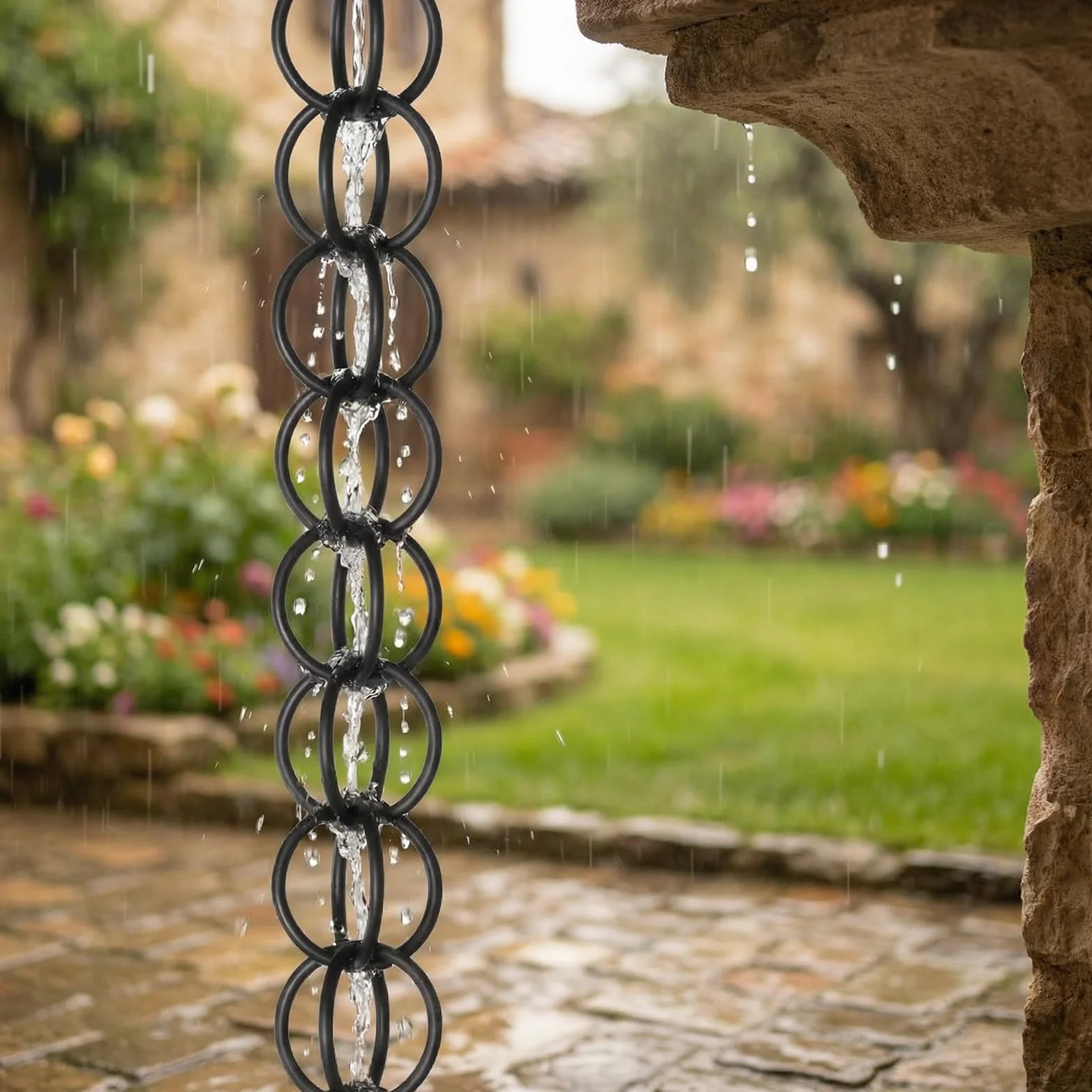 Catena per Pioggia Esterna con Adattatore per Grondaie, Decorazione Pluviale in Alluminio Nero e Drenaggio (1.5m)
