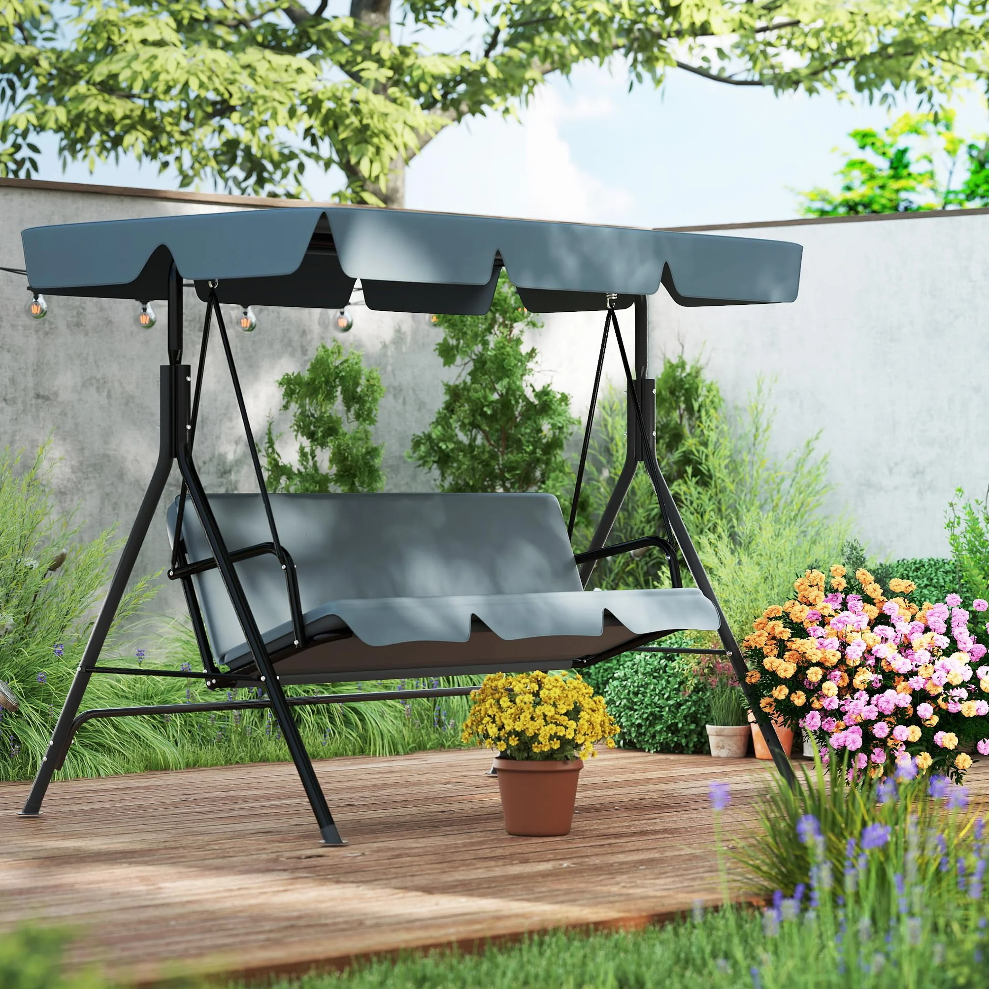 UISEBRT Dondolo Hollywood a 3 posti, con tettuccio parasole regolabile, portata fino a 200 kg, resistente alle intemperie, per esterni e interni, 176 x 110 x 152 cm, antracite