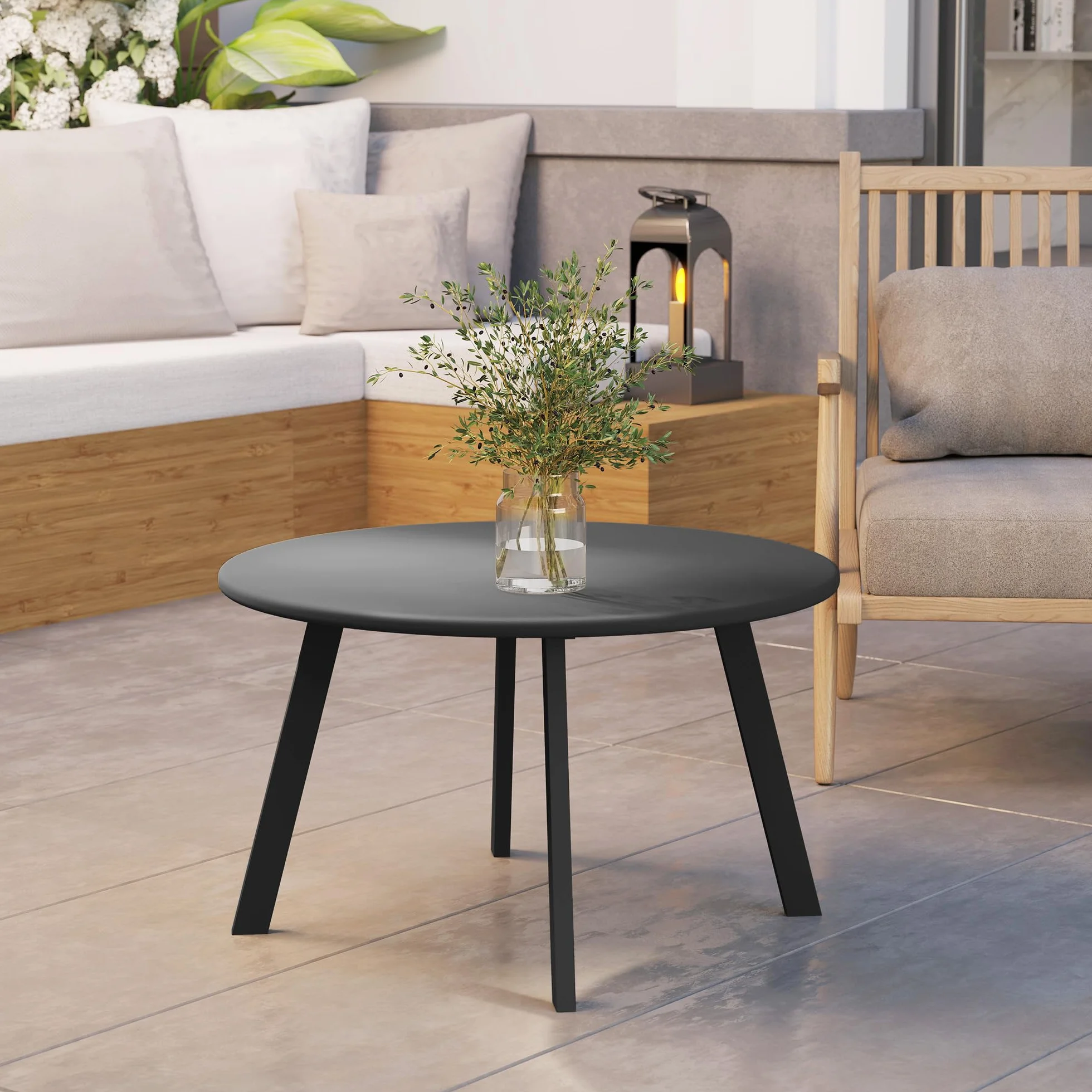 Outsunny Tavolino da Giardino Rotondo stile Industriale con Piedini Antiscivolo, Tavolino da Caffè in Metallo, per Balcone, Giardino, Terrazza, Soggiorno, Ø70x42 cm, Grigio Carbone