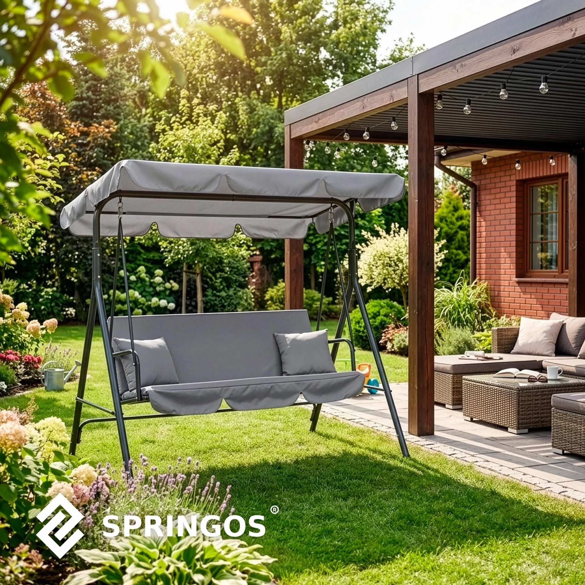 Springos Dondolo da giardino Luna, con parasole e cuscini, panca a dondolo, per 3 persone, da 150 x 170 x 110 cm (H x l x P), di colore grigio