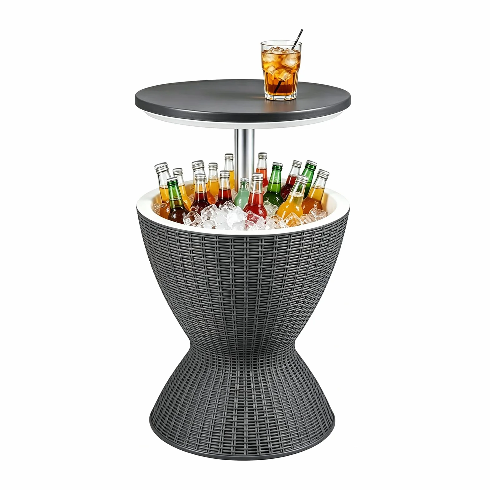 LIFEZEAL Secchiello Ghiaccio 30L, Stile Intrecciato in Rattan, Tavolino da Giardino con Contenitore Refrigerante, per Cortile, Balcone, Piscina e Campeggio 48,5 x 48,5 x 57,5/82 cm