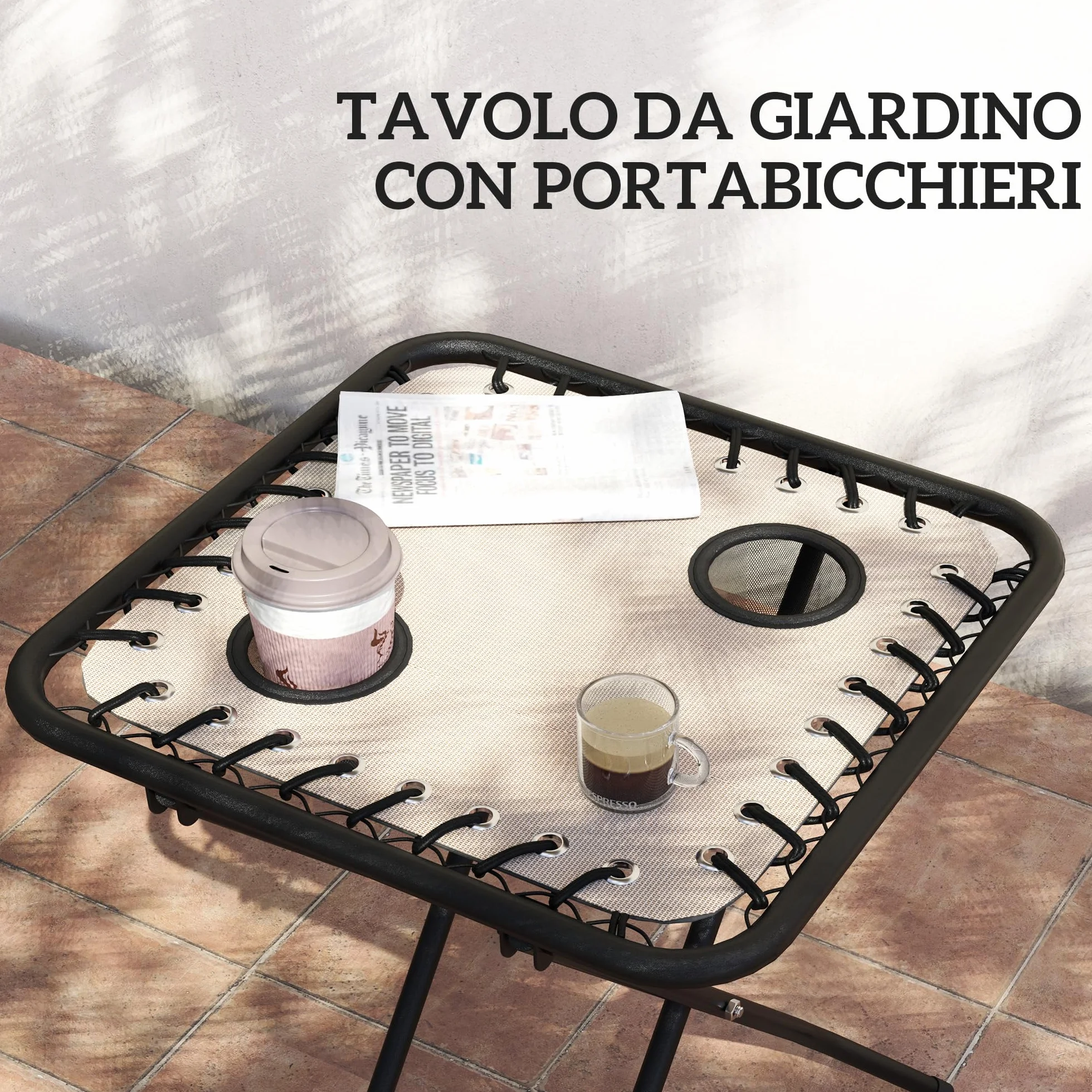 Outsunny Set di 2 Sedie Sdraio da Giardino Zero Gravity e Tavolino con Portabicchieri, Set Sedie Pieghevoli con Poggiatesta e Tessuto Traspirante, Schienale Regolabile a 5 livelli, Beige