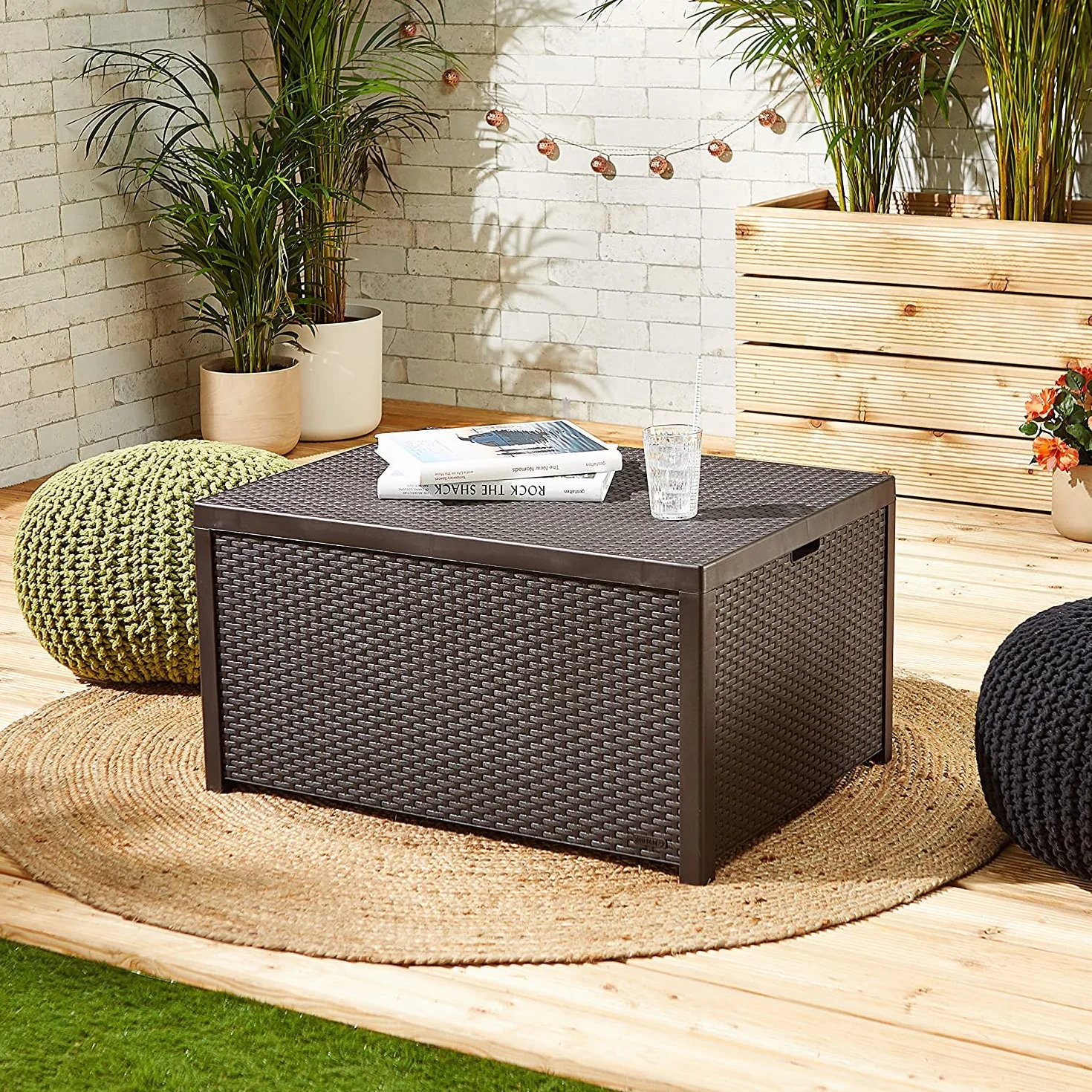 Keter Allibert 220001 Monaco - Tavolino Lounge/cassapanca per Cuscini, in plastica, Simil-Vimini, Colore: Marrone