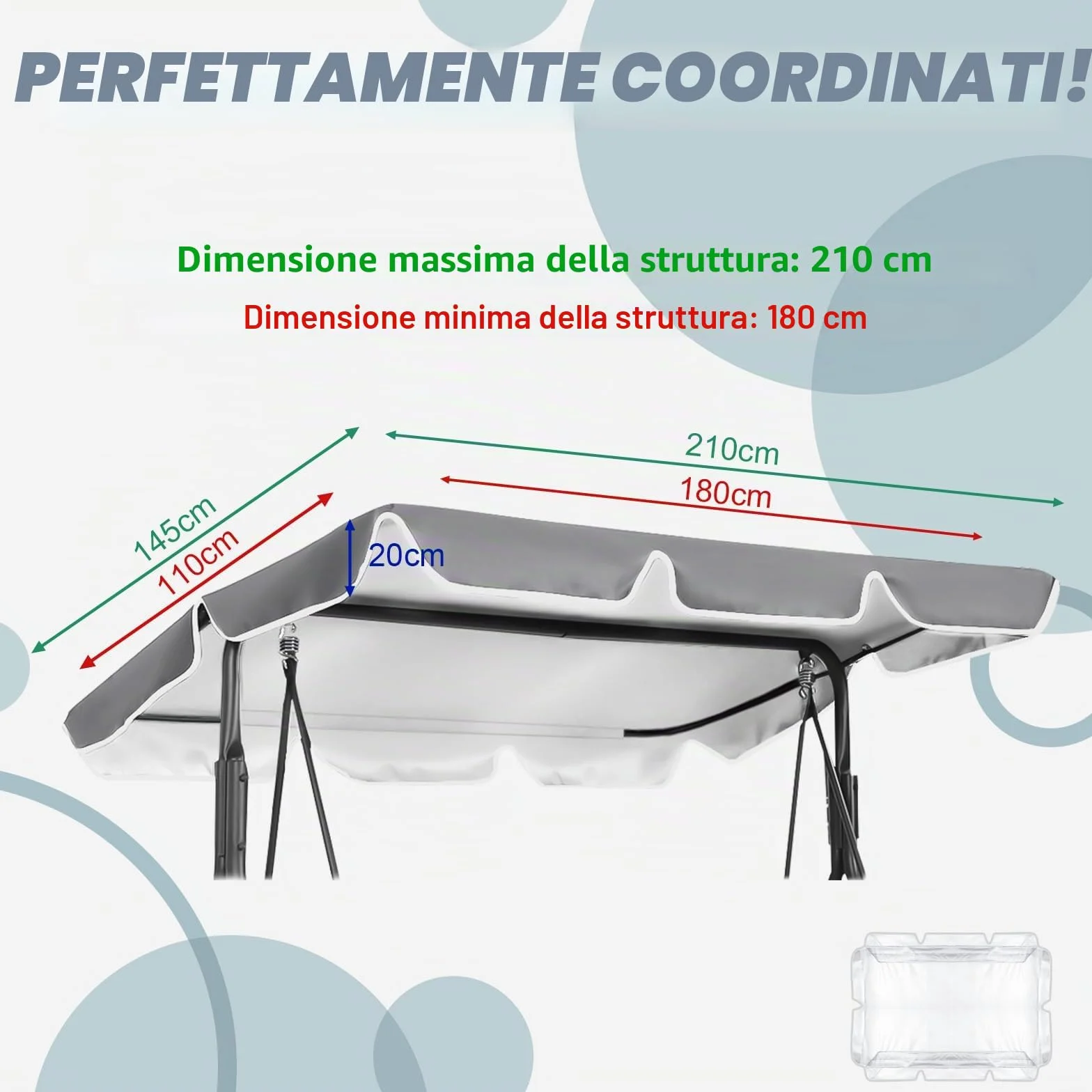 Tettuccio per Dondolo Tetto di Ricambio per Dondolo da Giardino, Copertura di Ricambio Dimensioni 2 e 3 Posti e Vari Colori, 210 x 145 cm (Grigio)
