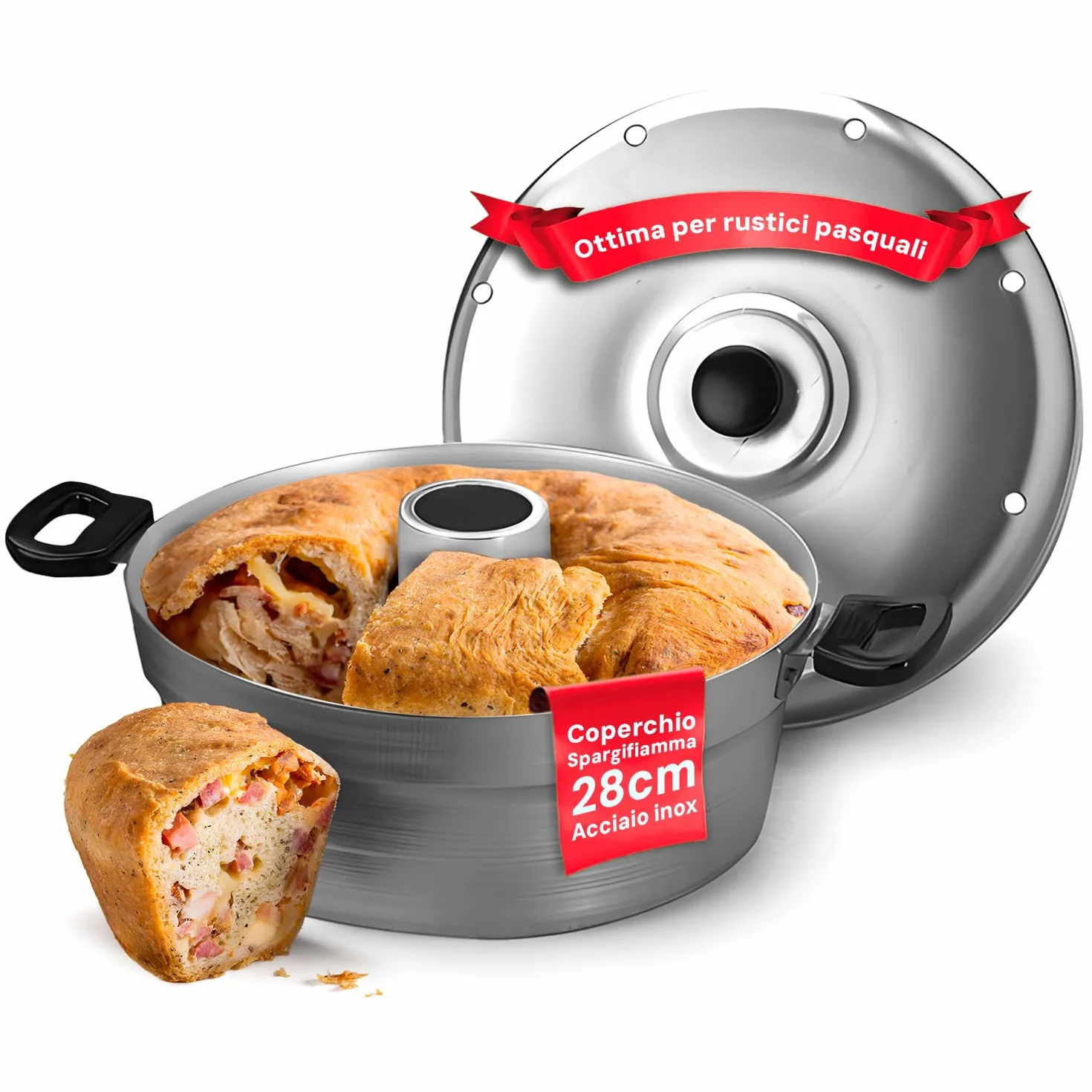 Avilia Pentola Forno a Gas con Coperchio e Spargifiamma 28cm - Alluminio Puro 99,5% e Spessore di 1mm - Maniglia in Ferro Zincato per Presa Sicura e Comoda - Pomo in Ferro e Piastra in Acciaio Inox