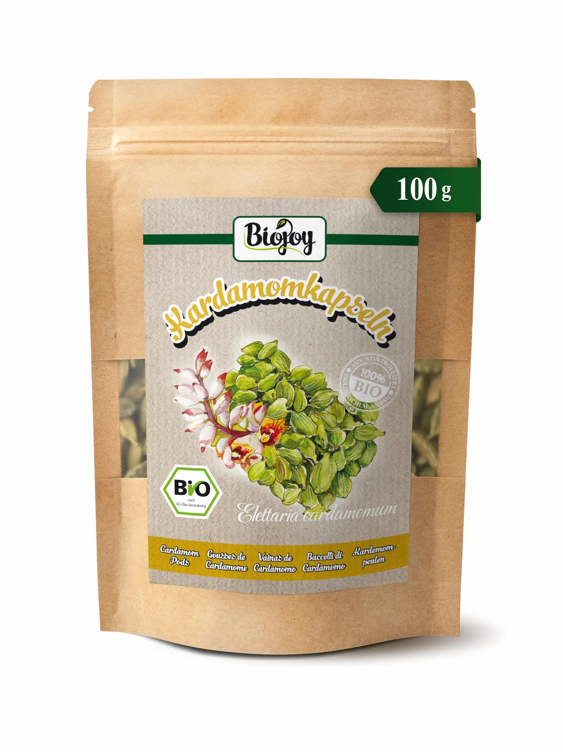 Biojoy Baccelli di Cardamomo BIO (100 g), Cardamomo intero e verde (Elettaria cardamomum)