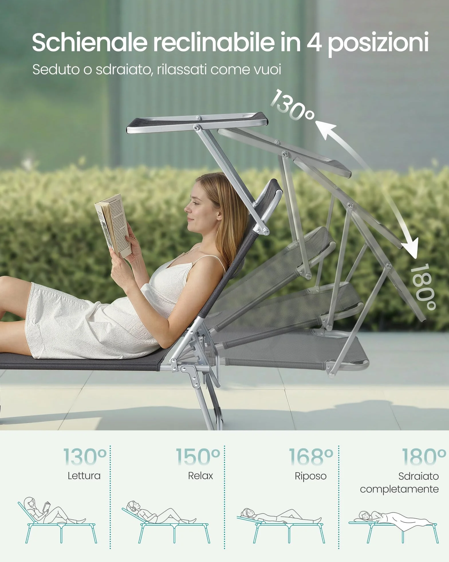 SONGMICS Sedie a Sdraio Pieghevoli, 189 x 53 x 28,5 cm, Lettini Prendisole, Portata 110 kg Ciascuno, Parasole e Schienale Regolabili, per Terrazza e Balcone, Set da 2, Grigio GCB294GZ02
