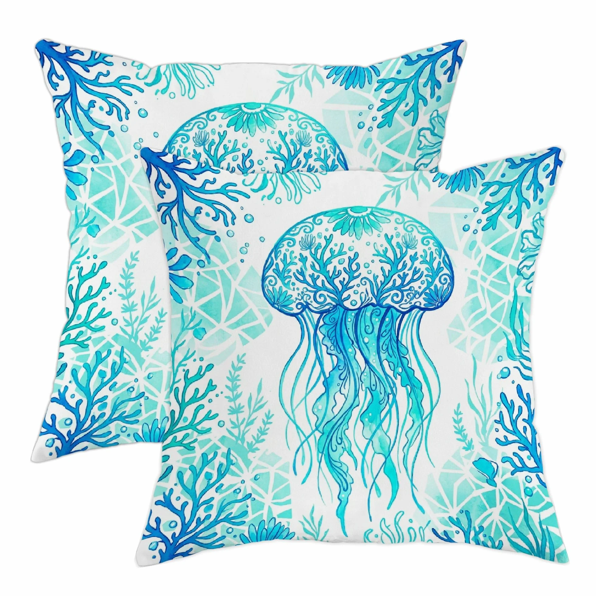 Federa per cuscino da esterno, motivo meduse, oceano, contemporaneo, corallo, alghe estive, resistenti all'acqua, in poliestere, per patio, veranda, terrazza, mobili da esterno, 40,6 x 40,6 cm