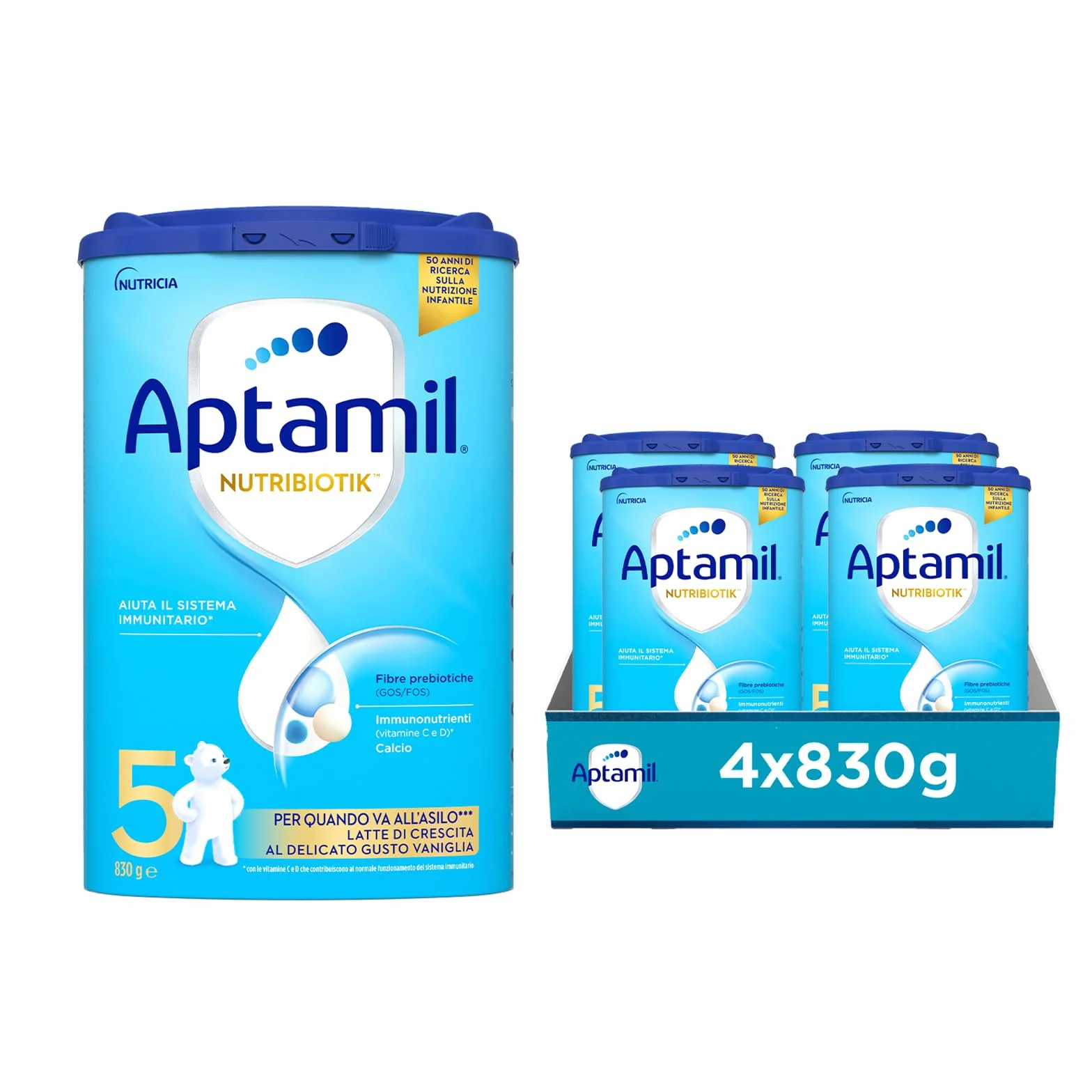 APTAMIL Nutriobiotik 5 - Latte di Crescita in Polvere al Delicato gusto di Vaniglia per Bambini dai 36 mesi - da 3320 grammi (4 confezioni da 830g)