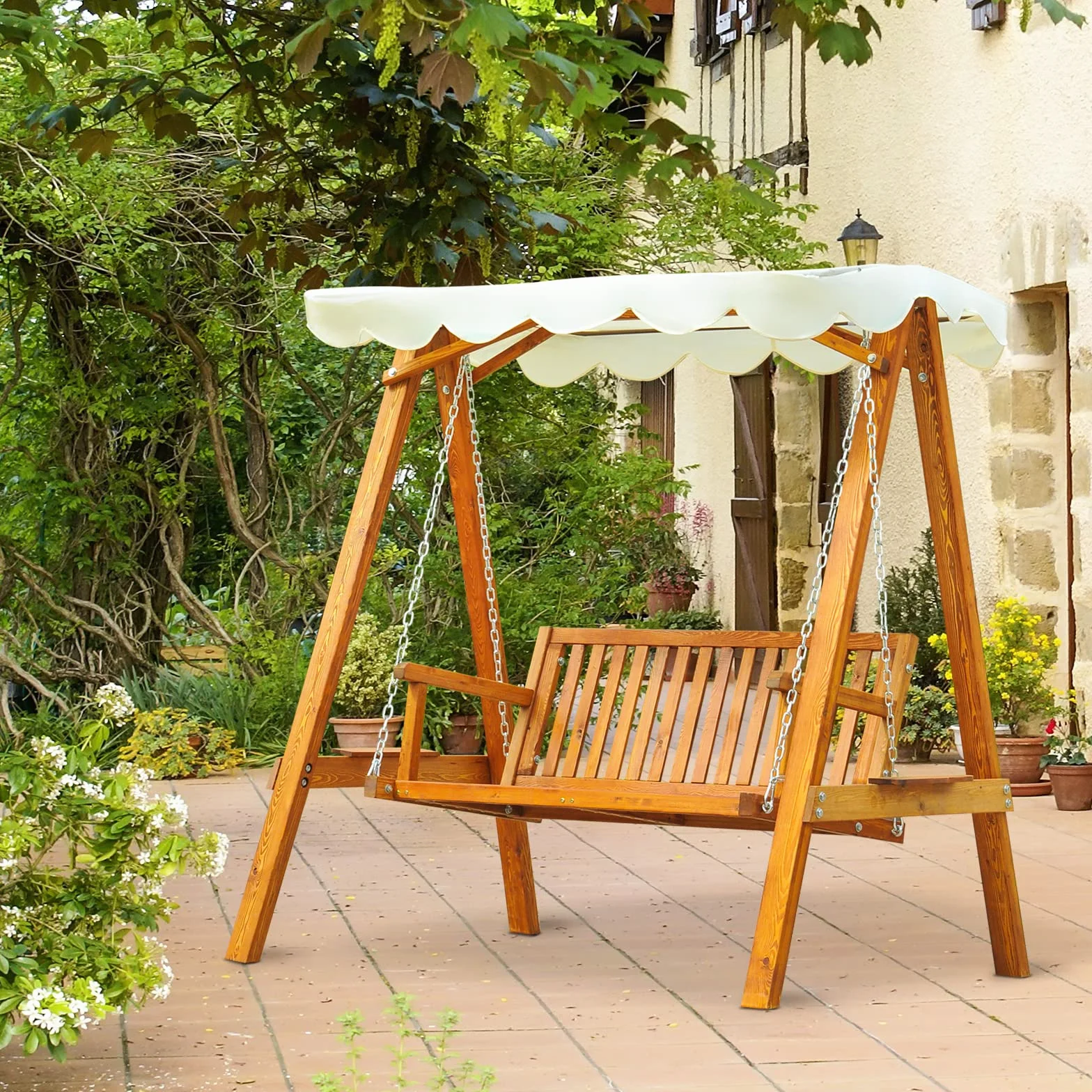 Outsunny Dondolo da Giardino Stile Classico Legno Massello di Pino Conforme alle Norme di FS Tettuccio Parasole in Tessuto di Poliestere con Rivestimento di PA 162x130x185cm 240kg