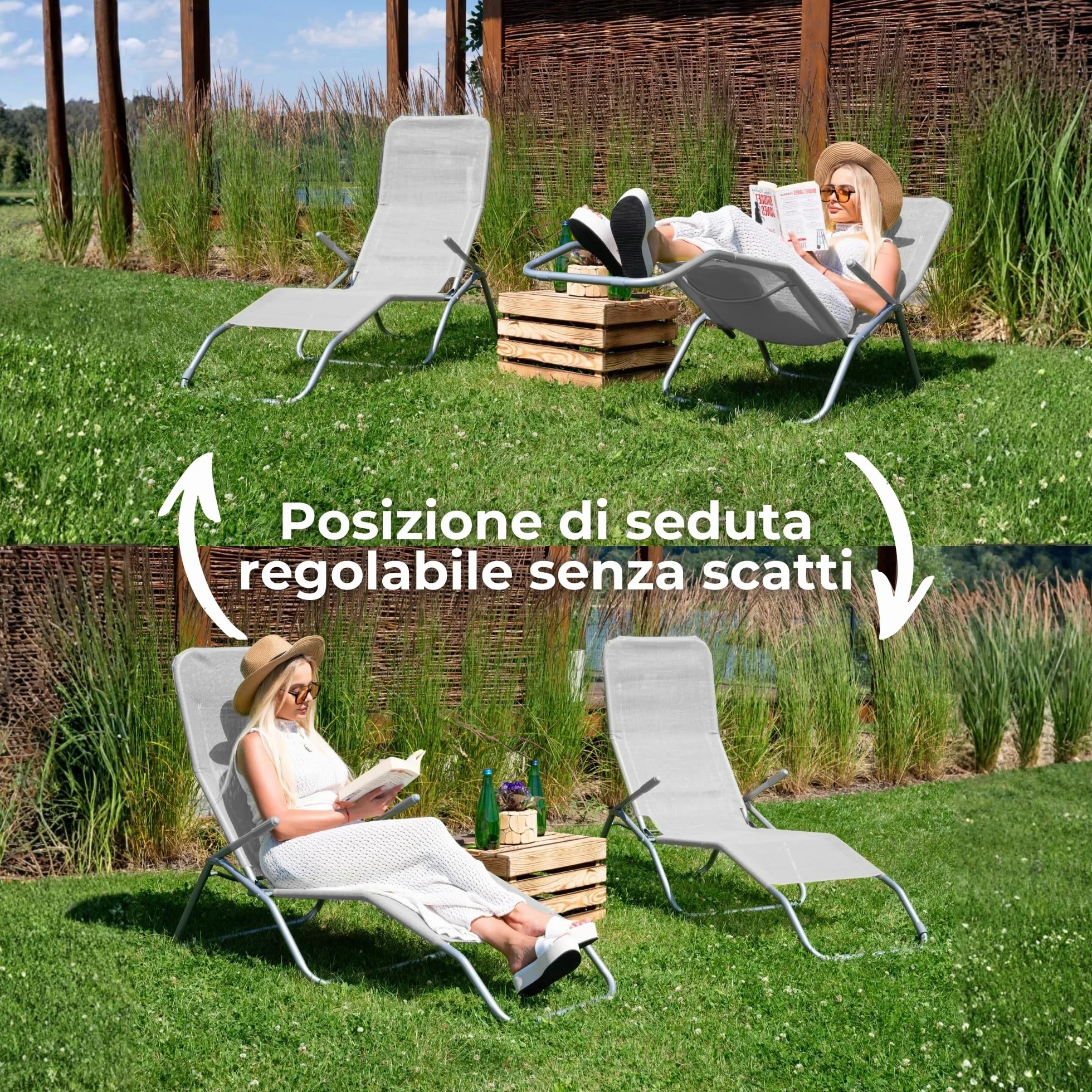 SPRINGOS - Sdraio reclinabile da giardino, in metallo, resistente, verniciata a polvere (grigio chiaro)