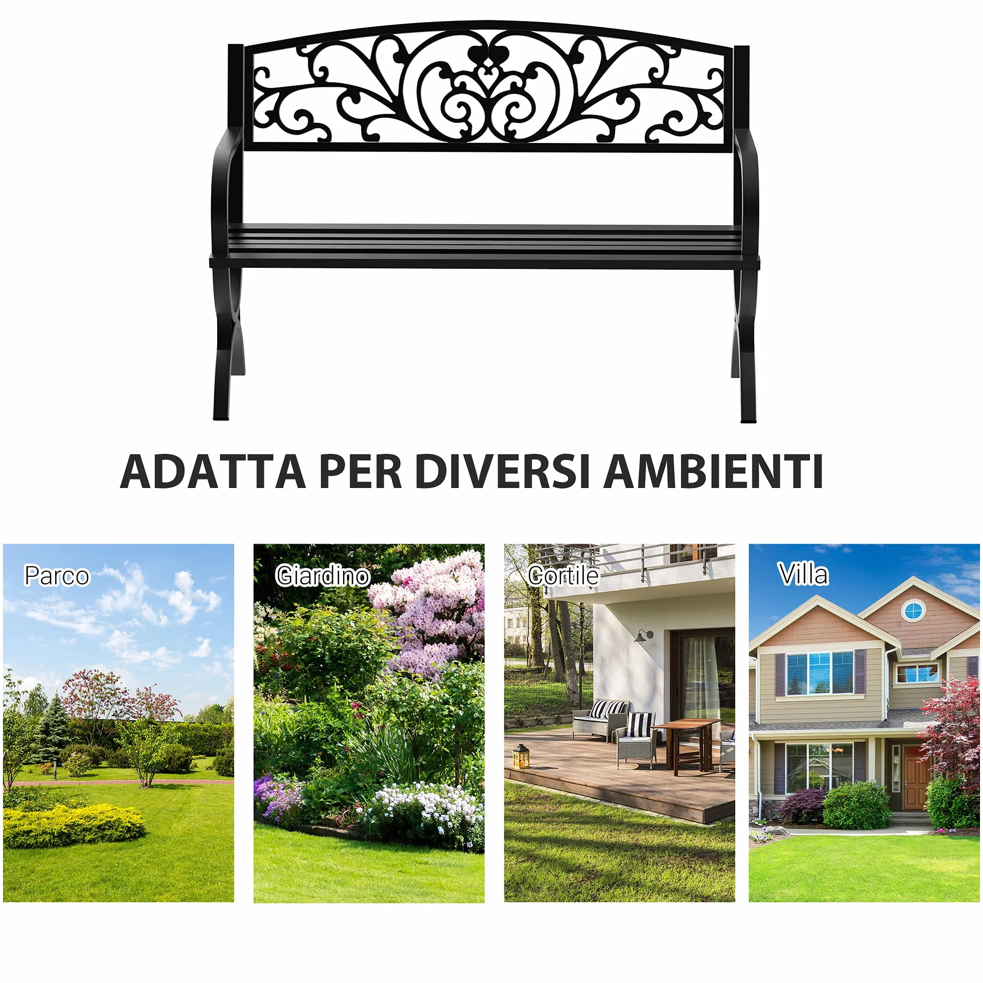 Outsunny Panca Panchina da Giardino Esterno Metallo, Ghisa 127 × 60 × 85cm Nero