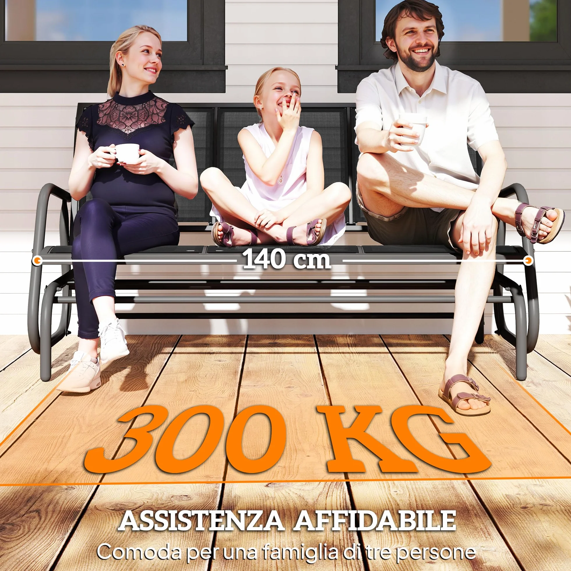 Outsunny Panchina a Dondolo da Giardino a 3 Posti in Metallo e Tessuto a Rete Traspirante, 147x70x85cm, Grigio