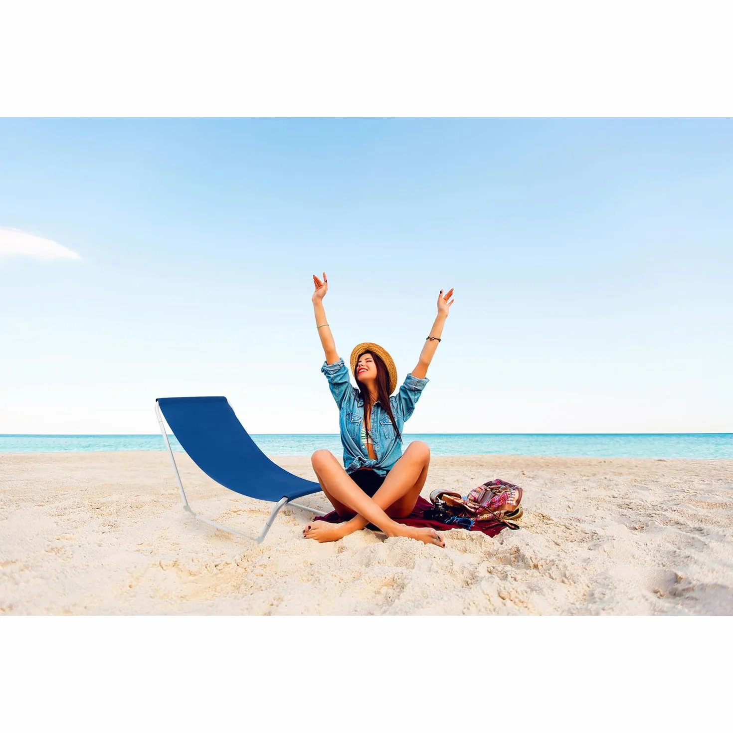 Sdraio da Spiaggia con Borsa da Trasporto Pieghevole, Resistente fino a 110 kg, Impermeabile, per Giardino, Terrazza, Spiaggia, Campeggio, in Acciaio, Blu 23563