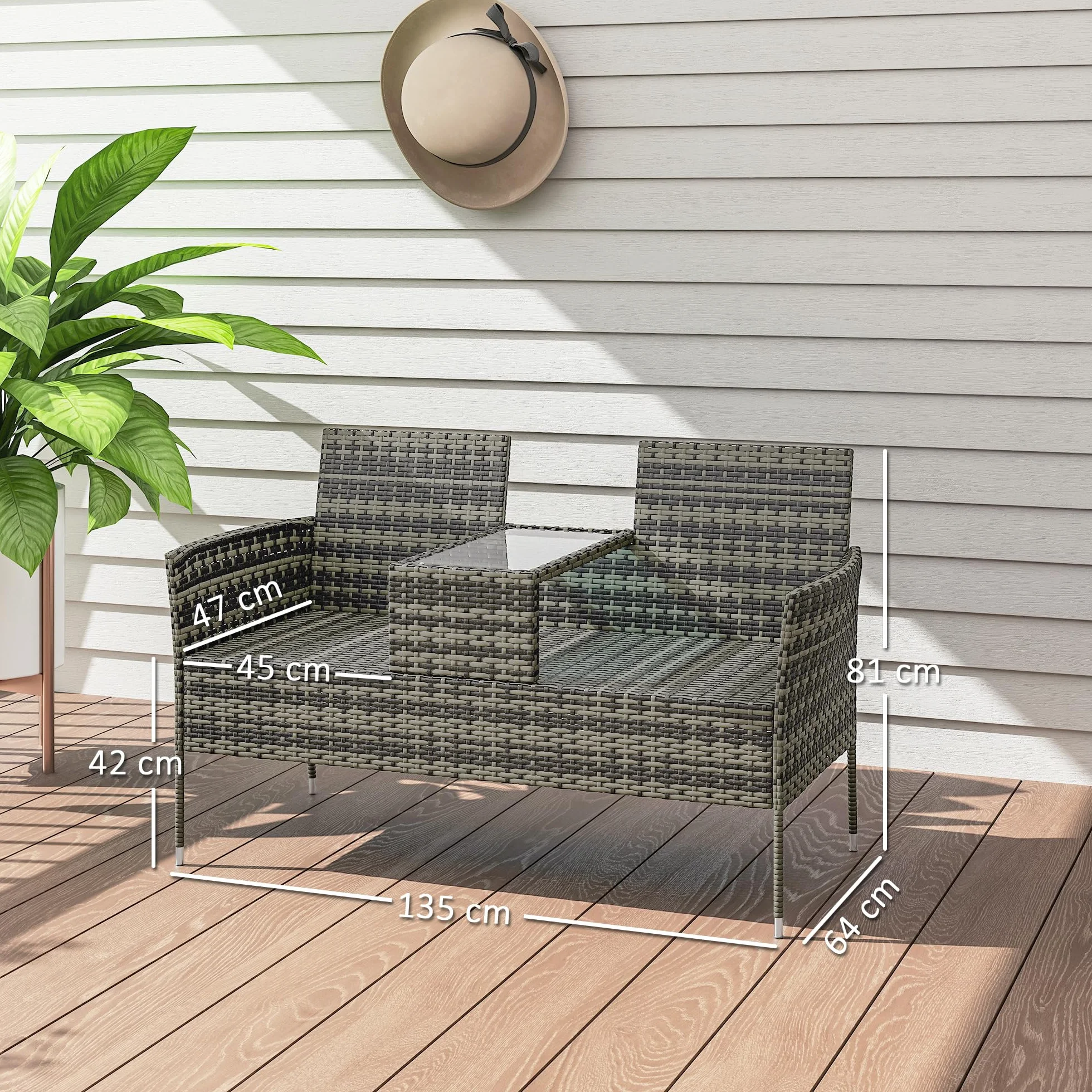 Outsunny Panchina da Giardino a 2 Posti in Rattan e Acciaio, Panchina da Esterno con Cuscini e Tavolino da Caffè Centrale in Vetro Temperato, Divano da Esterno, 135x64x81 cm, Grigio Scuro