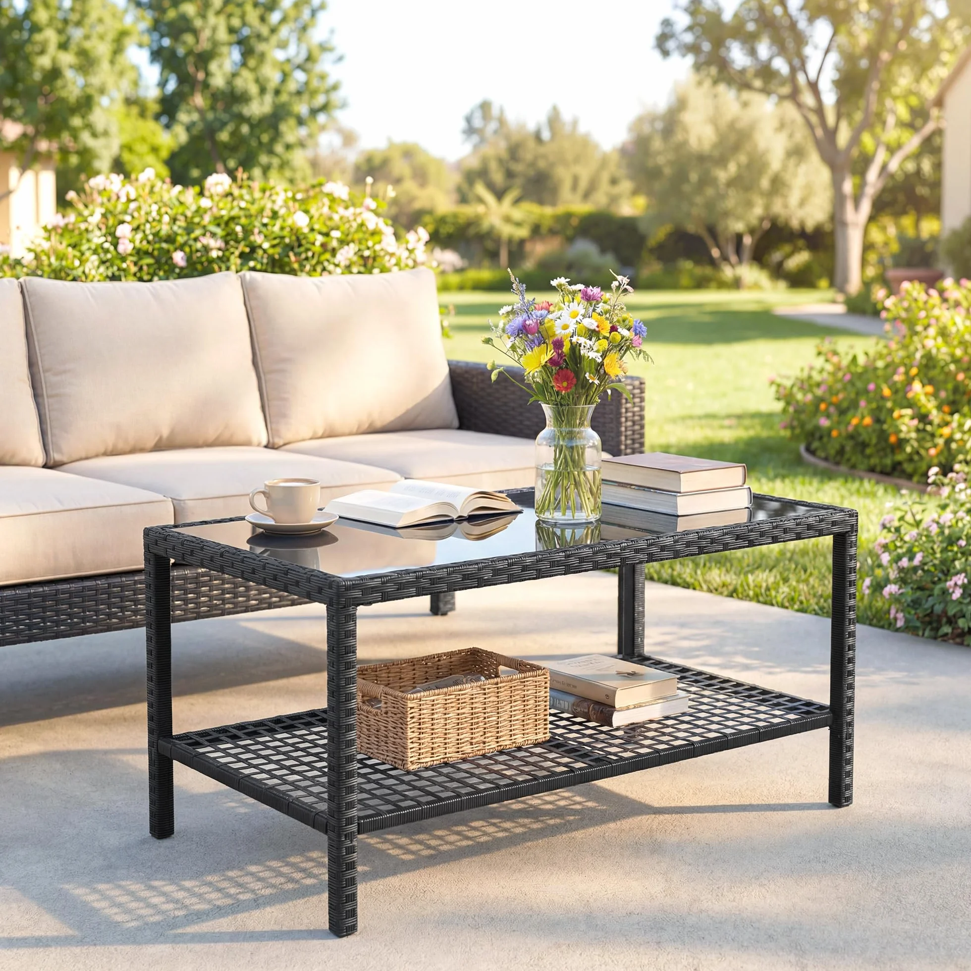 Outsunny Tavolino da Caffè in Rattan a 2 livelli con Ripiano, Piano in Vetro Temperato, Tavolino da Esterno con Struttura in Acciaio, 92x50x45 cm, Nero