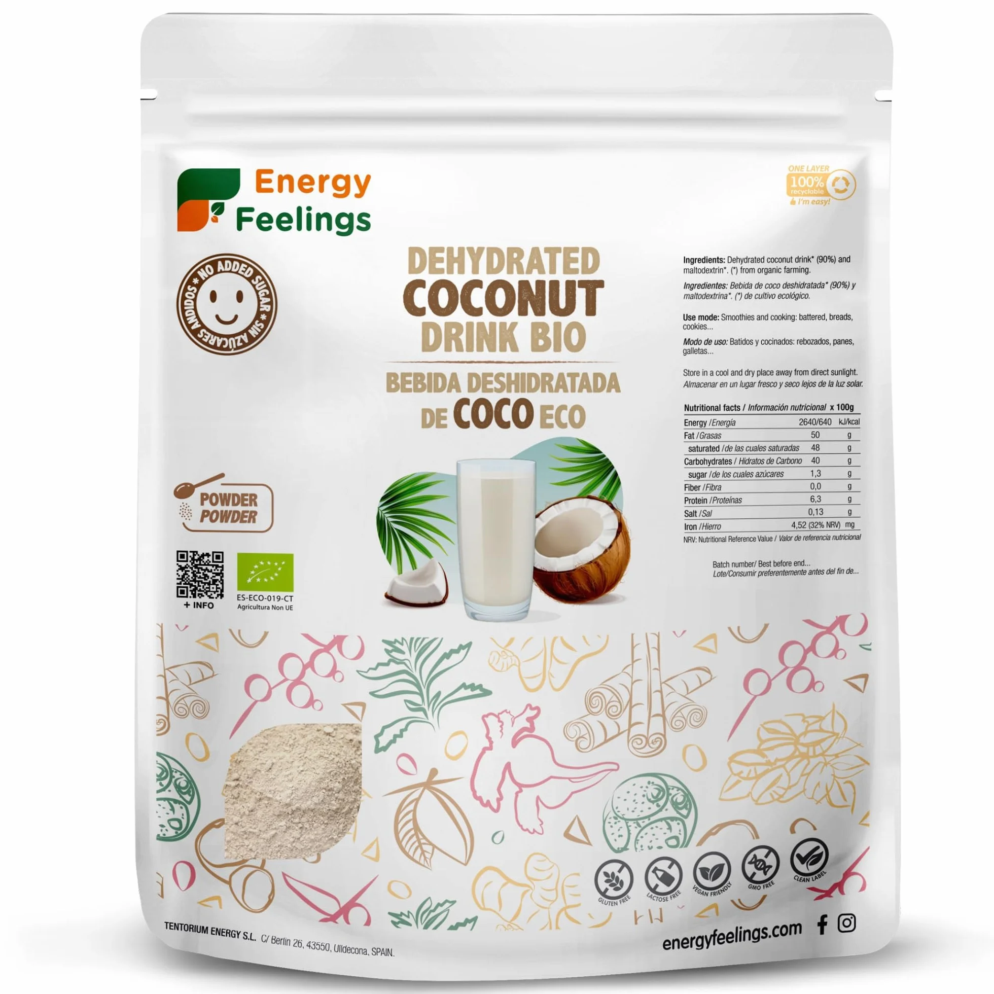 Energy Feelings Latte di Cocco in Polvere Bio 1kg, Senza Zucchero e Senza Lattosio, Latte di Cocco per Cucinare, Vegan Coconut Milk, Contiene Maltodestrine
