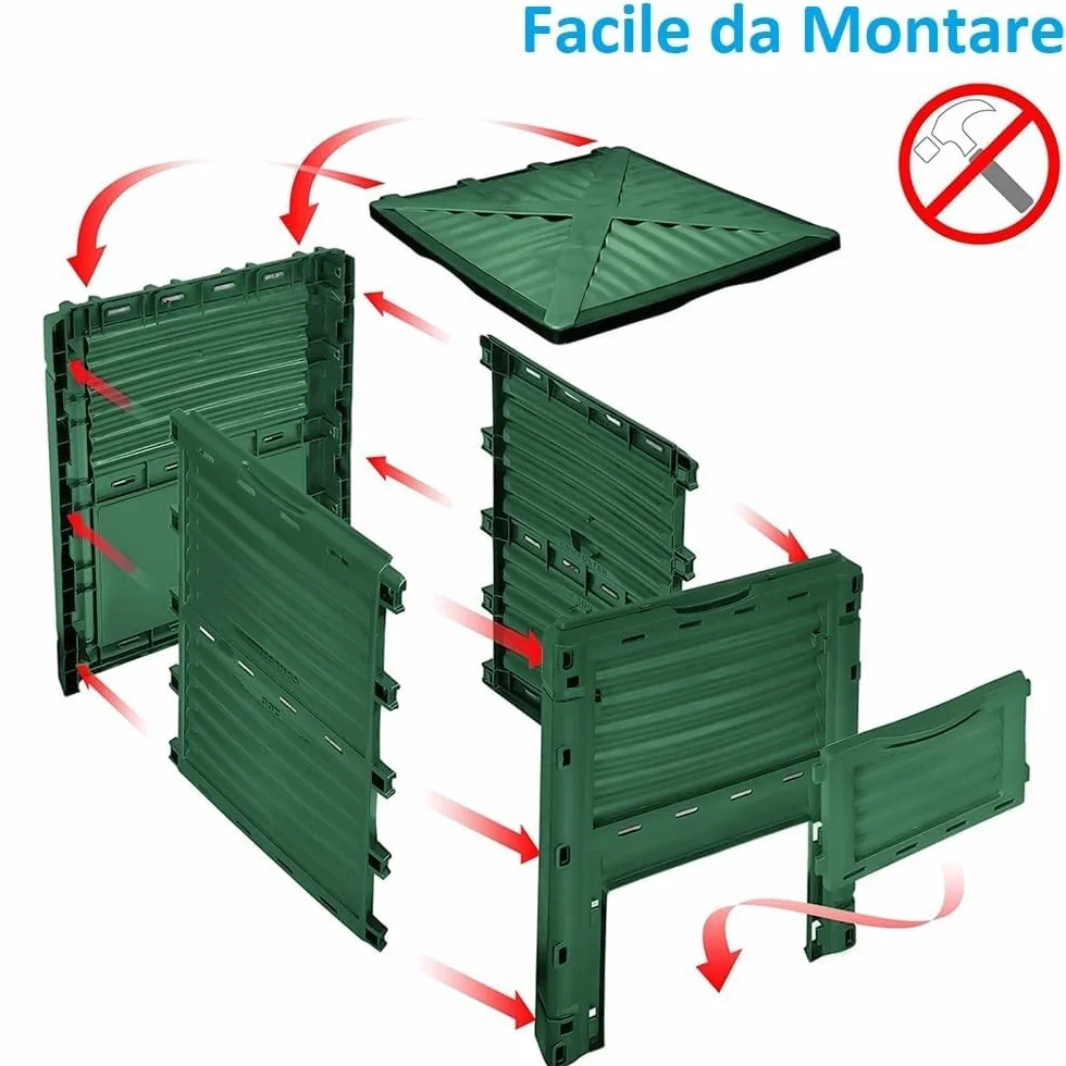 Paluplus Compostiera da Giardino 300 Litri Plastica Verde 61x61x83 cm Resistente Intemperie Coperchio Ribaltabile