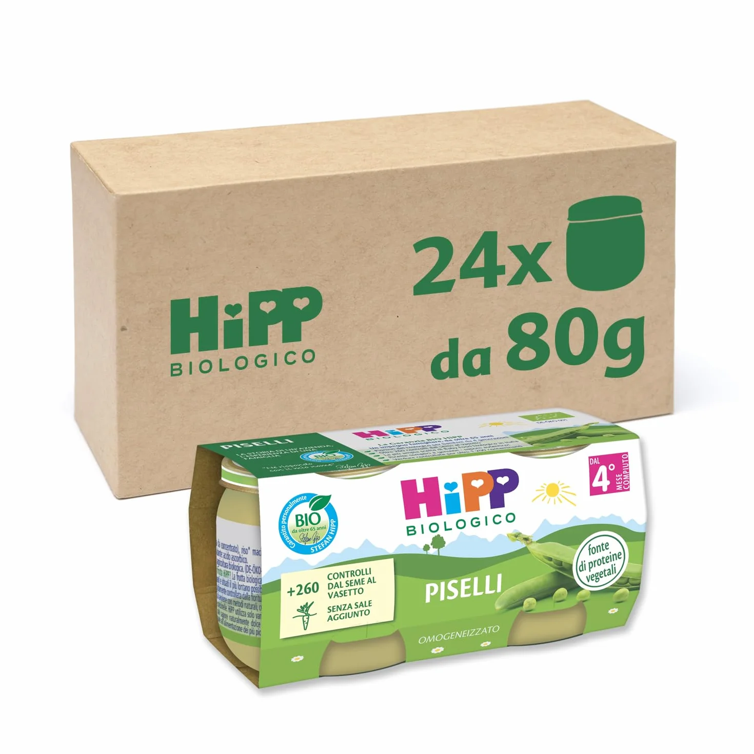 HiPP - Omogeneizzato Biologico per Neonati, Gusto Piselli, Senza glutine, Senza Sali e Aromi Aggiunti, 24 Vasetti da 80 gr