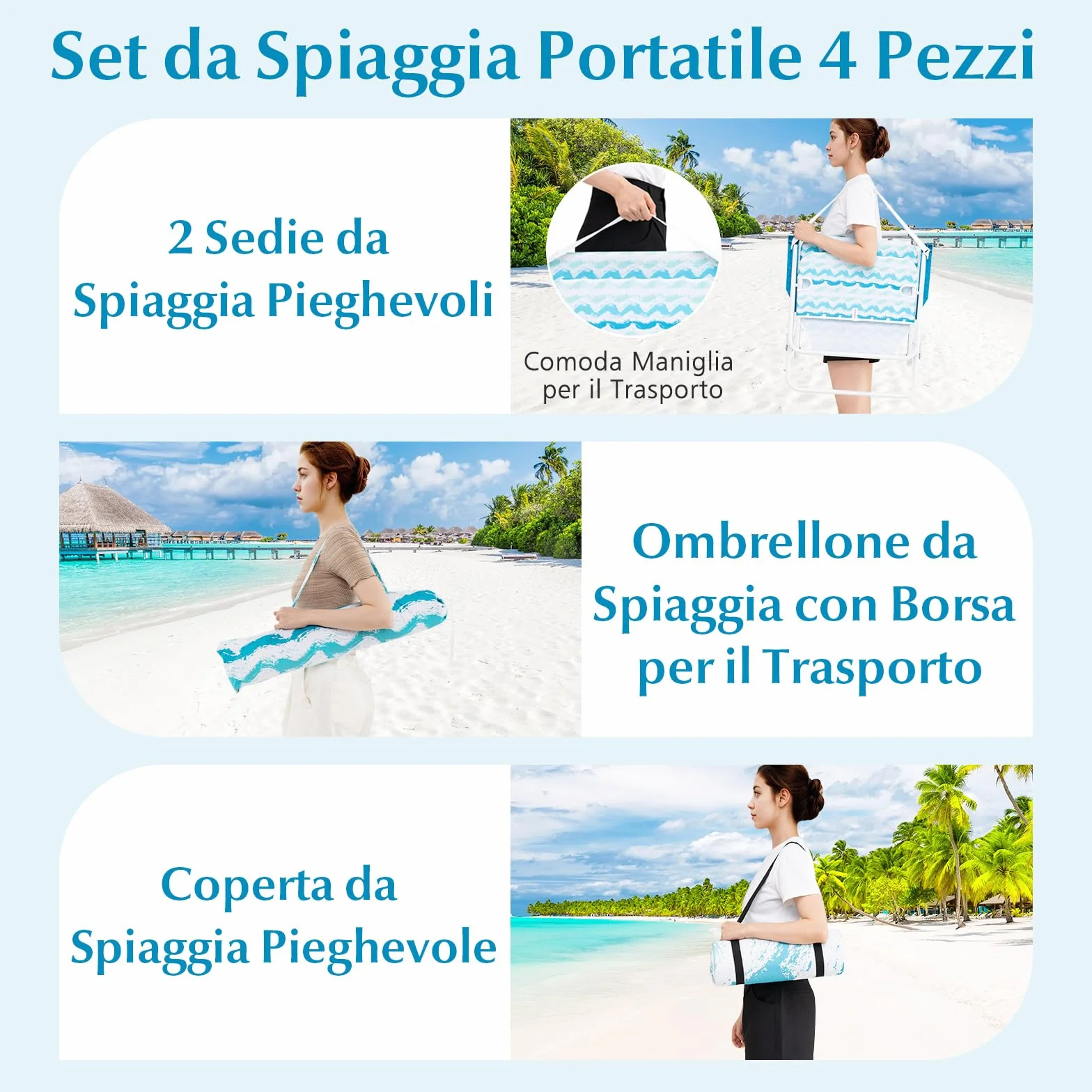 COSTWAY Set da Spiaggia di 4 Pezzi con Ombrellone, 2 Sedie Pieghevoli, Coperta da Picnic, Parasole Portatile per Esterni con Meccanismo di Inclinazione, Portabicchieri, Braccioli