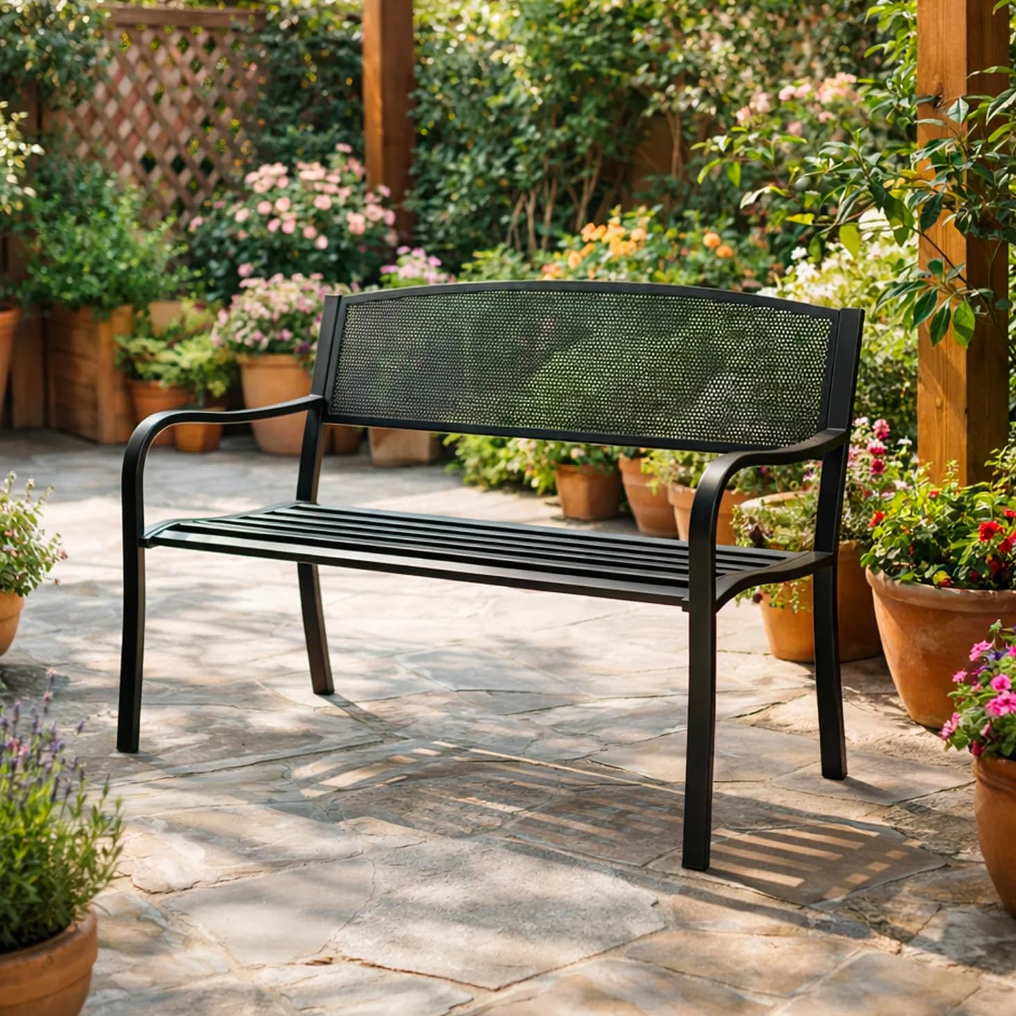 Arreditaly Panchina Da Giardino In Acciaio Panca Da Esterno Elegante 2-3 Posti Con Schienale Traforato E Braccioli Resistente Alle Intemperie Per Terrazzo Patio E Giardino 127 x 60 x 85 Cm Nero