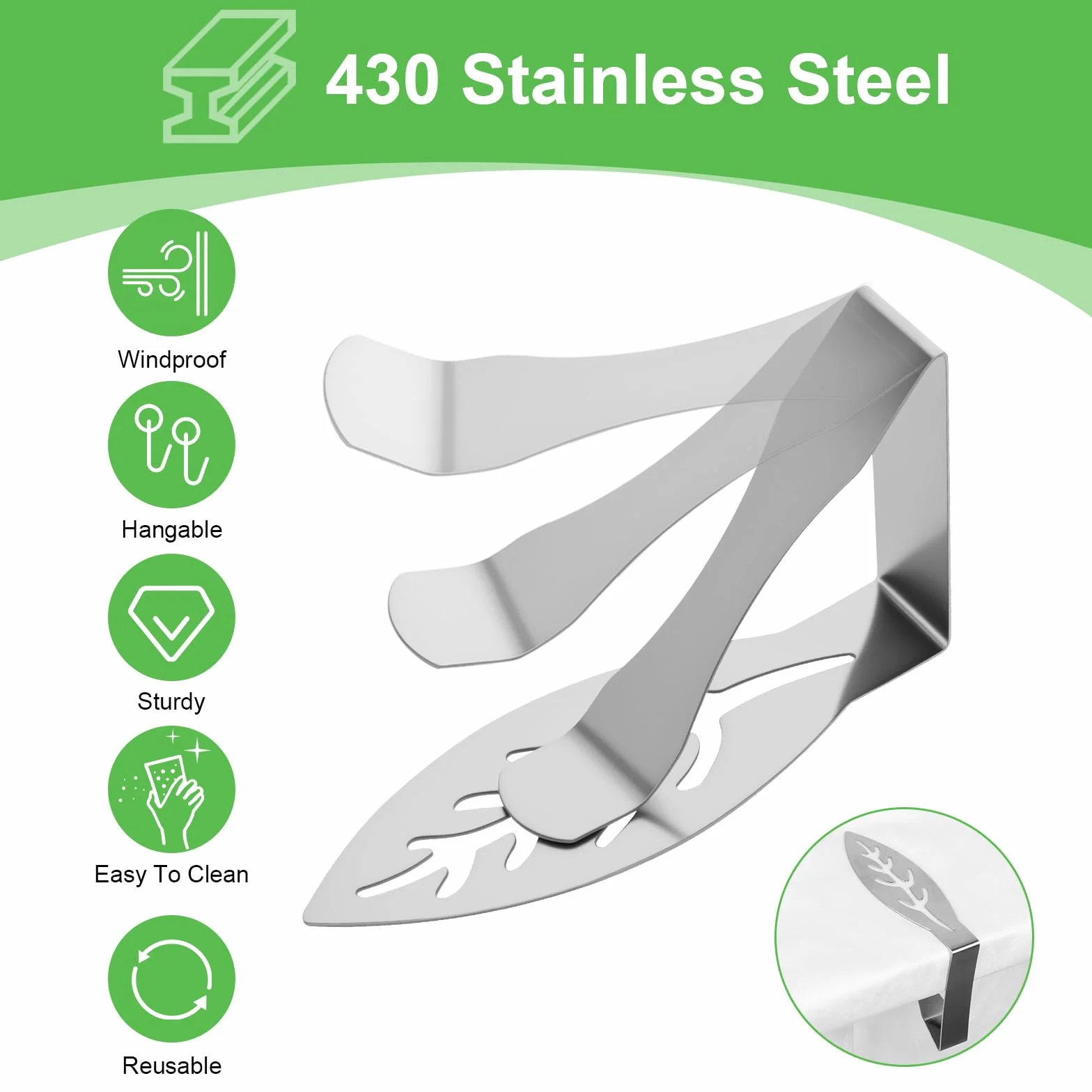 VINATO 12 Pezzi Tovaglia Clip in Acciaio Inox, Ferma Tovaglia da Esterno, Design a Foglia, Adattano a Tavoli con Spessore Fino a 4 cm, Fermatovaglia da Tavola per Picnic, Barbecue, Matrimoni, Feste