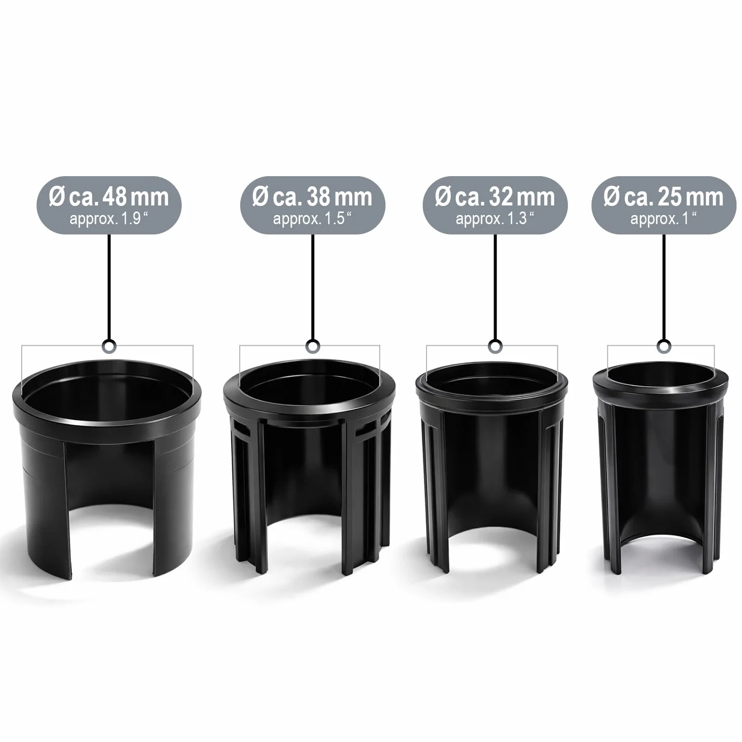 com-four® 4X Anelli riduttori per Base ombrellone, adattatori 25, 32, 38, 48 mm per Supporto ombrellone, boccole riduzione per Asta ombrellone (Nero - 4 Pezzi)