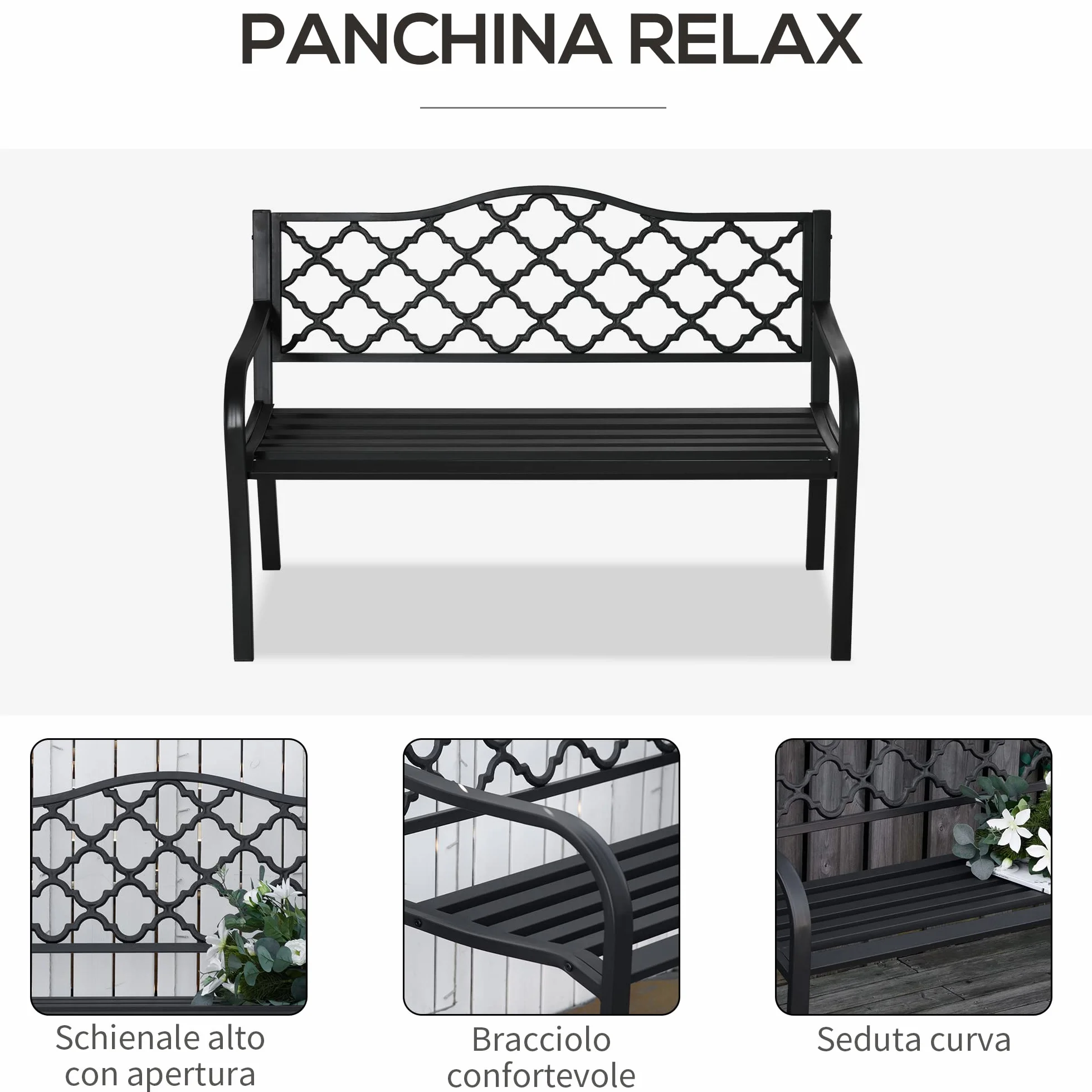 Outsunny Panchina da Esterno a 2 Posti in Acciaio e Ghisa, Panchina da Giardino con Braccioli e Schienale Decorato, Nero