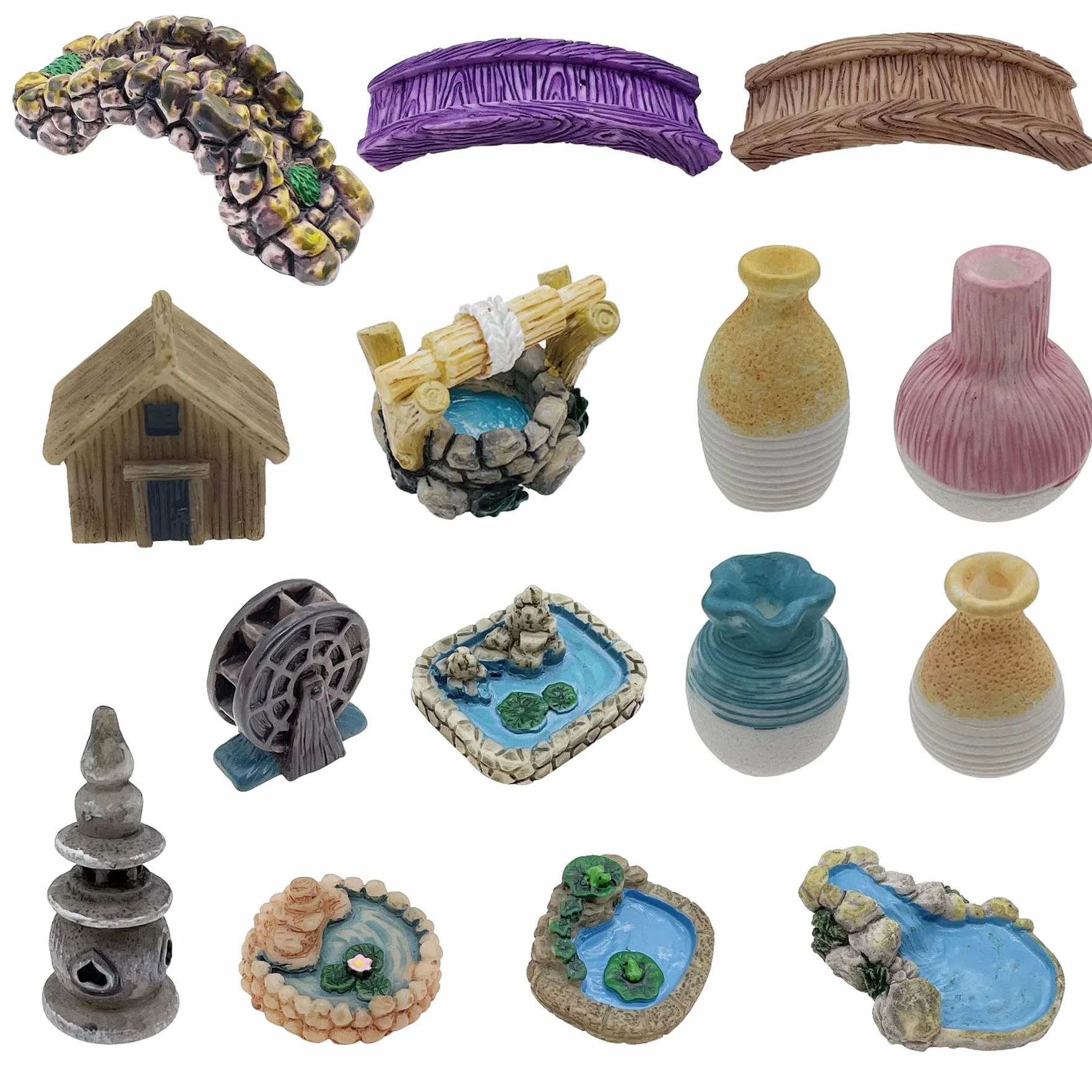 Cayway 16 Pz Miniatura per Giardino delle Fate, Accessori per Giardini Fati in Miniatura Figurine, Ponte, Stagno, Vaso per La Decorazione del Giardino Artigianale Fai da Te