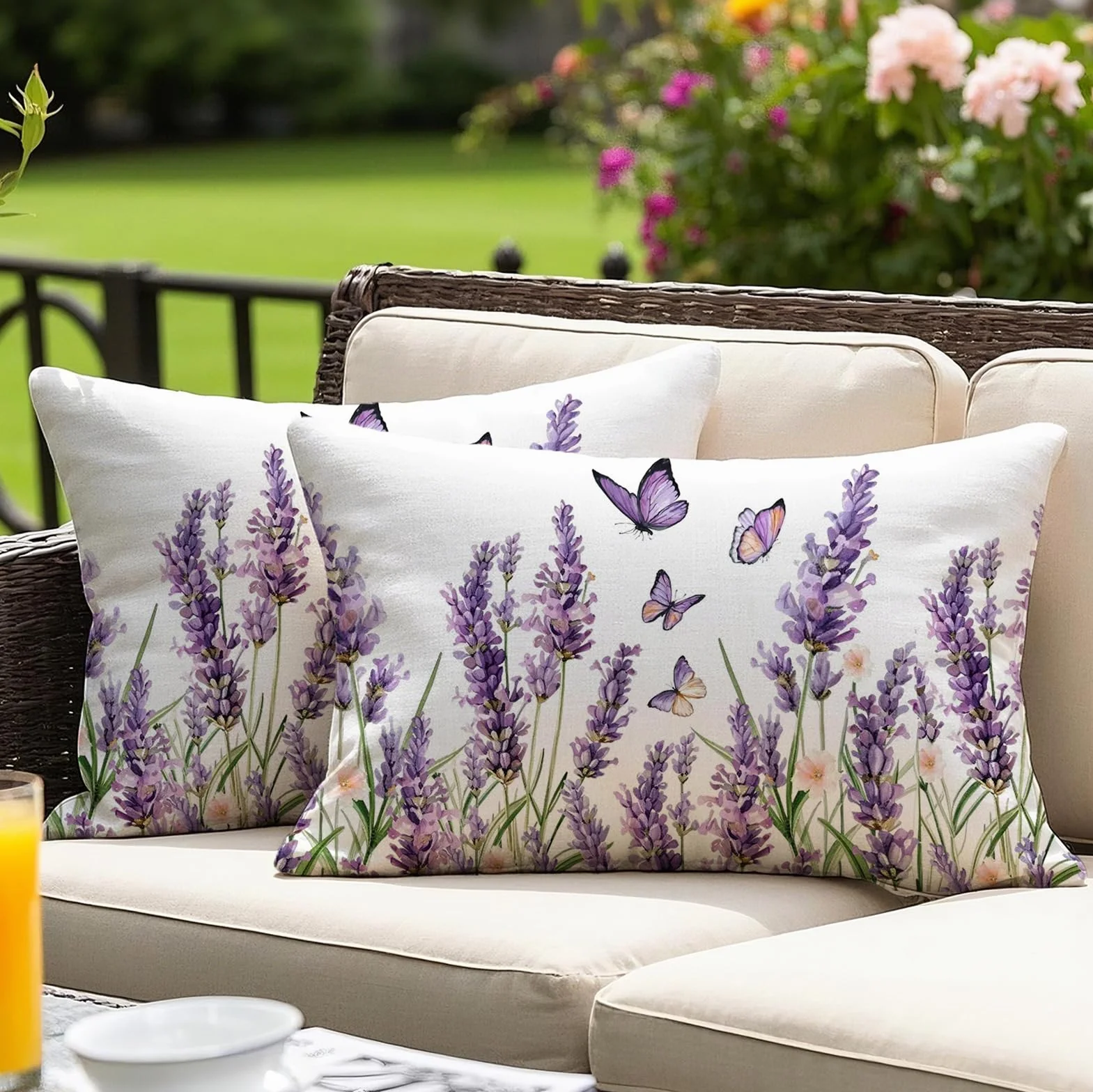 Set di 2 federe per cuscino per esterni, 30 x 50 cm, con fiori viola, resistenti alle intemperie, estive, moderne, per giardino, divano, soggiorno, camera da letto, motivo double face