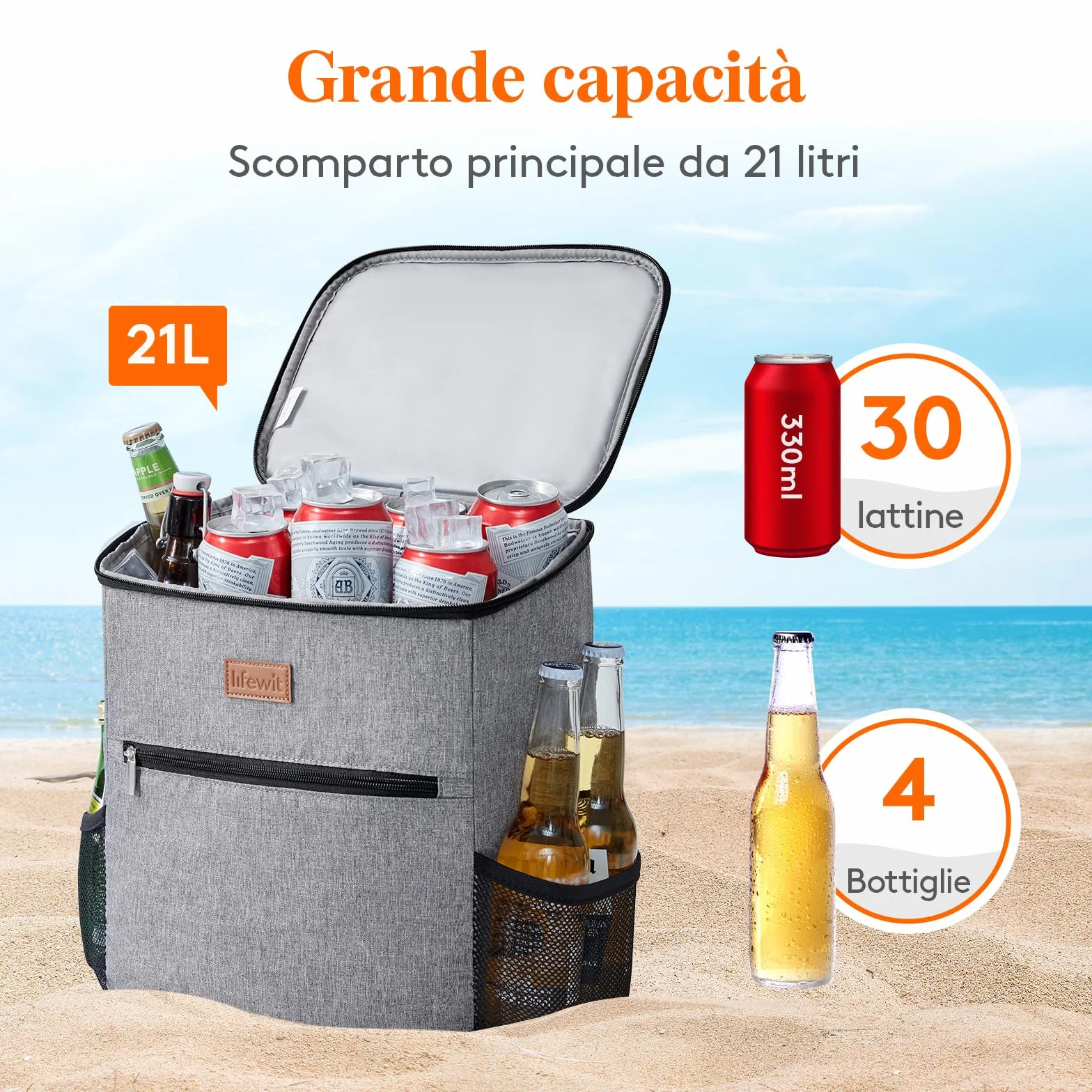 Lifewit Zaino Termico 24L Borsa Frigo Portatile con Scomparto, Borse Termica per Mare Spiaggia Viaggio, Grigio