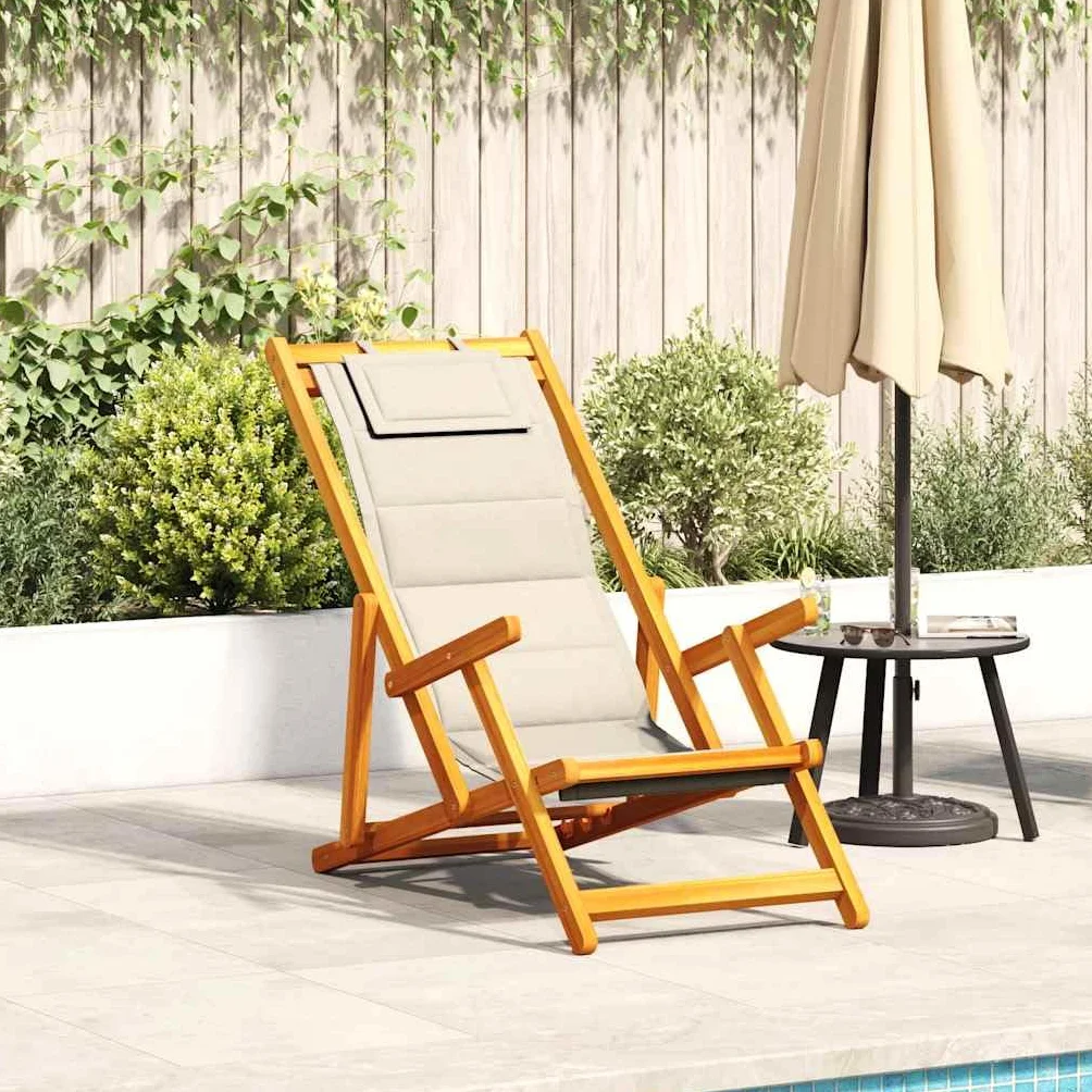 vidaXL Sedia da Spiaggia Pieghevole Braccioli Legno Acacia&Textilene, sedia da spiaggia pieghevole, sedia a sdraio, sedia da spiaggia in legno
