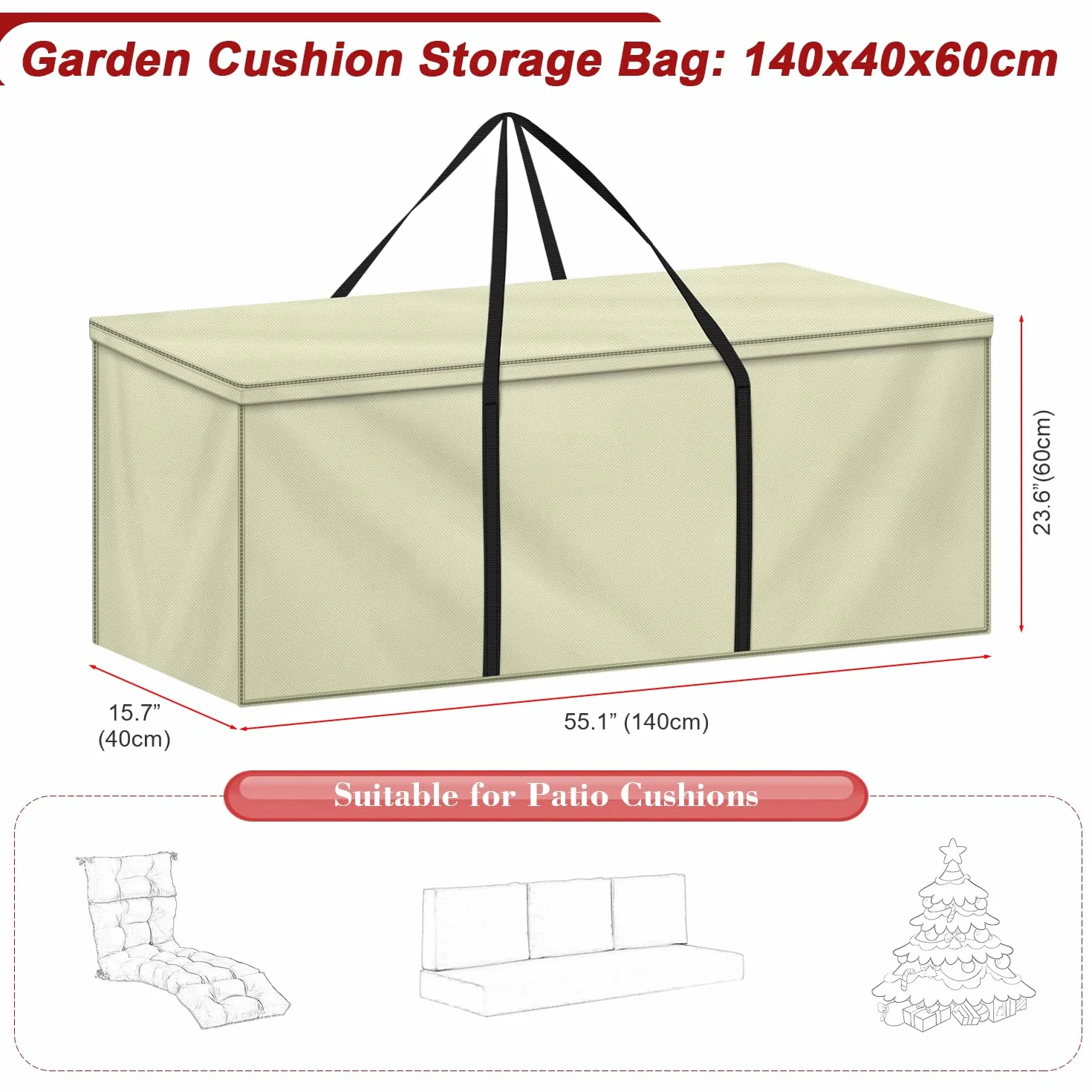 LAMUNI Borsa da Giardino, Grande Borse di stoccaggio per Esterni, 600D Oxford Borsa per Cuscini da Giardino, Custodia per Albero di Natale, Borse per Cuscino Letto con Maniglie, 140x40x60cm