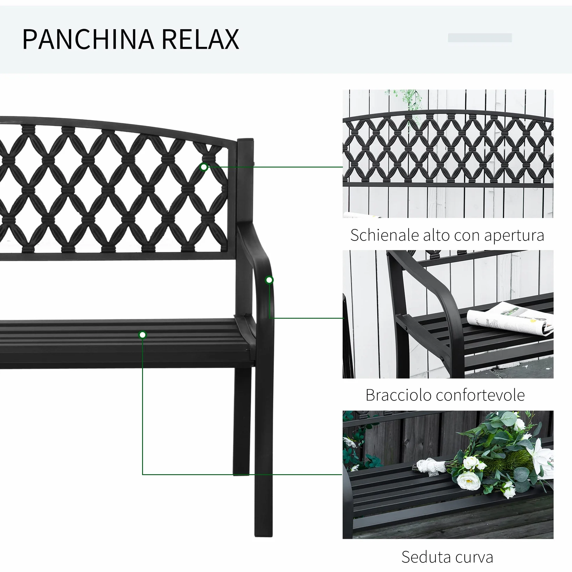 Outsunny Panchina da Esterno a 2 Posti con Braccioli in Acciaio e Ghisa, Panchina da Giardino con Schienale Decorato, Nero