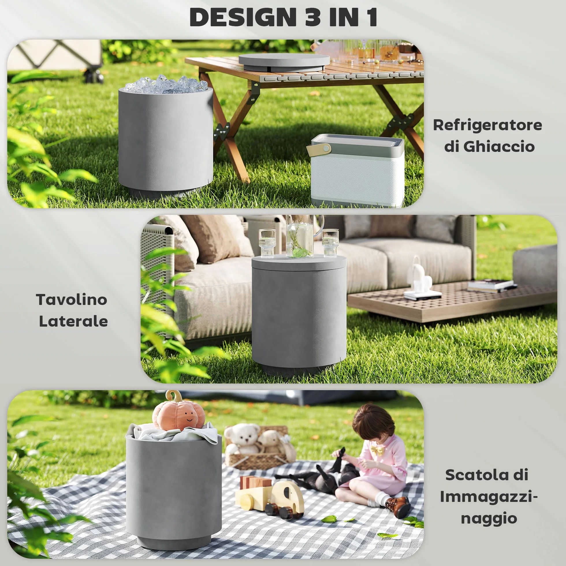 HOMCOM Tavolino Multiuso 3 in 1 con Secchiello Ghiaccio Rimovibile da 10 L e Coperchio, Tavolino da Esterno in Acciaio Inox e Cemento, Ø37.5x43.5 cm, Grigio Chiaro