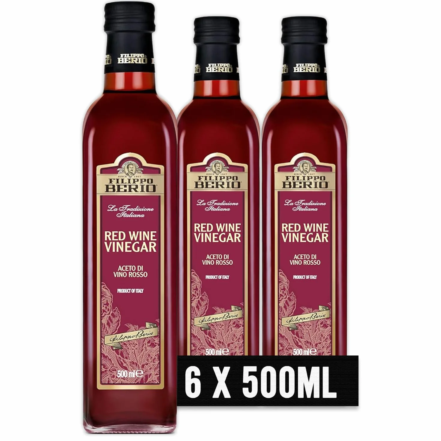 Filippo Berio Aceto Di Vino Rosso 500 ml (Confezione da 6)