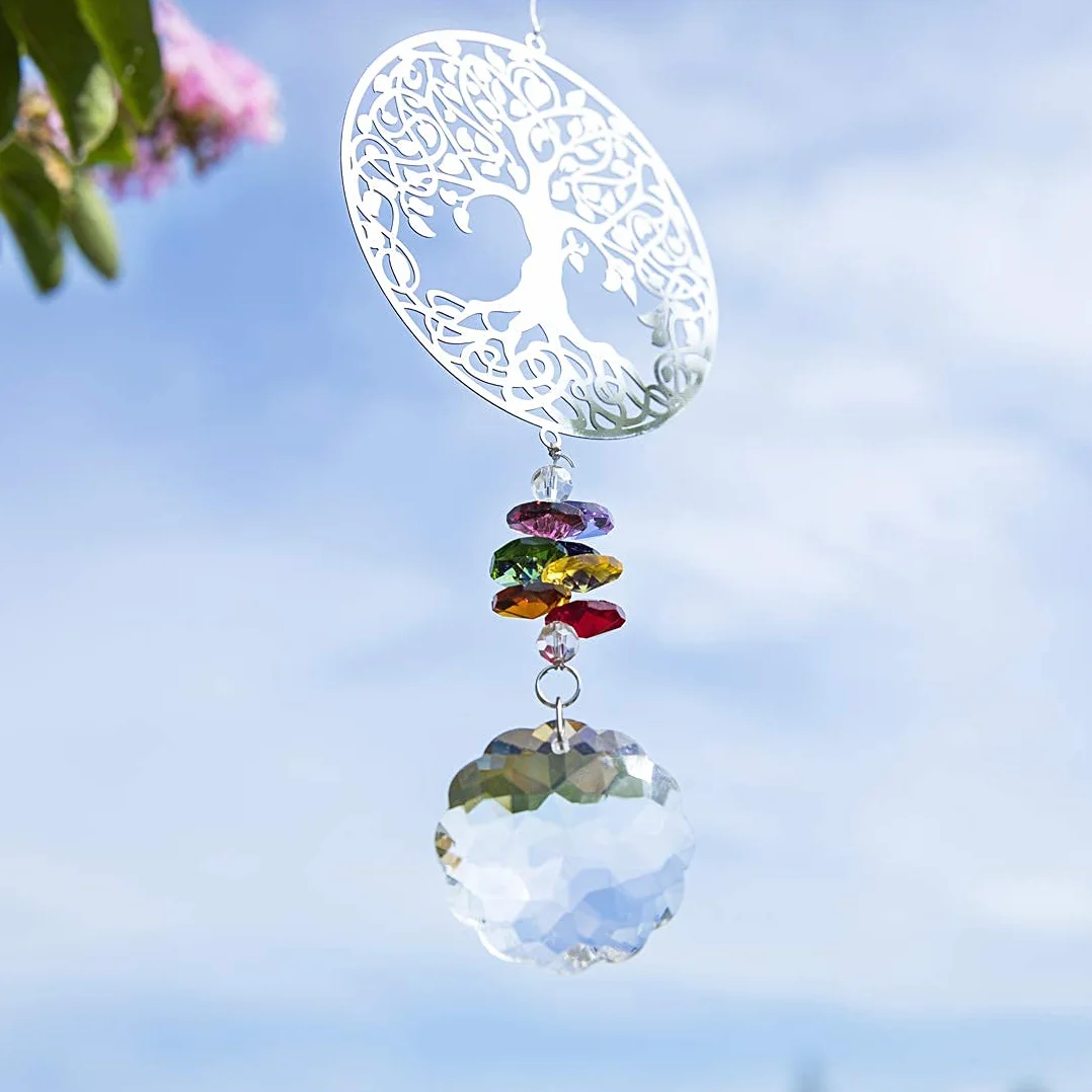 H&D HYALINE & DORA Acchiappasole arcobaleno in cristallo Albero della Vita, ciondolo in vetro Chakra per decorazione della finestra