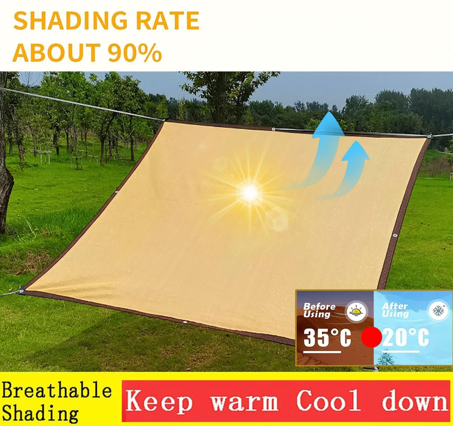 Rete Tenda A Vela Ombreggiante Rettangolare 3x4m Tenda da Sole Traspirante Rete Parasole Con Occhielli Protezione Raggi UV 90%-95% Balconi Esterno Serra Rete Frangivento,beige-3x4m
