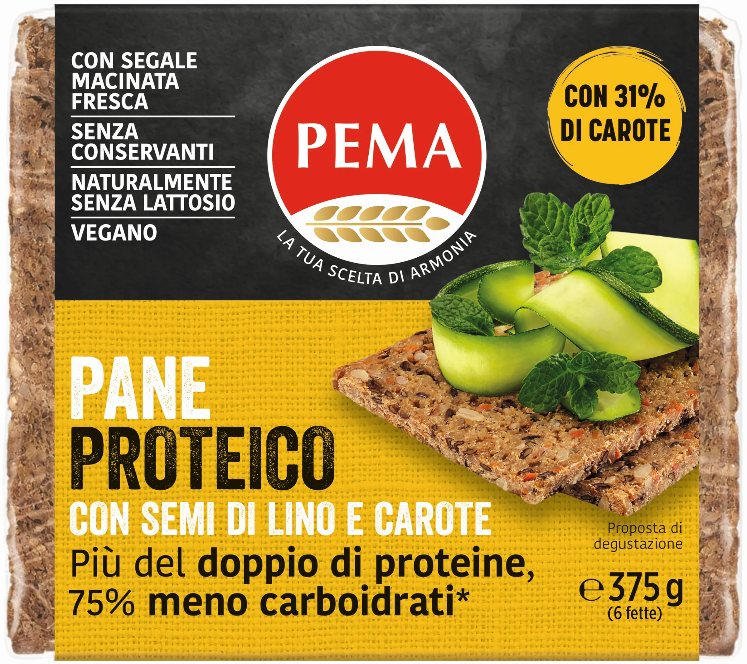 PEMA, Pane Proteico a Ridotto Contenuto di Carboidrati, con Soli Ingredienti Naturali e Ricco di Fibre, 375g